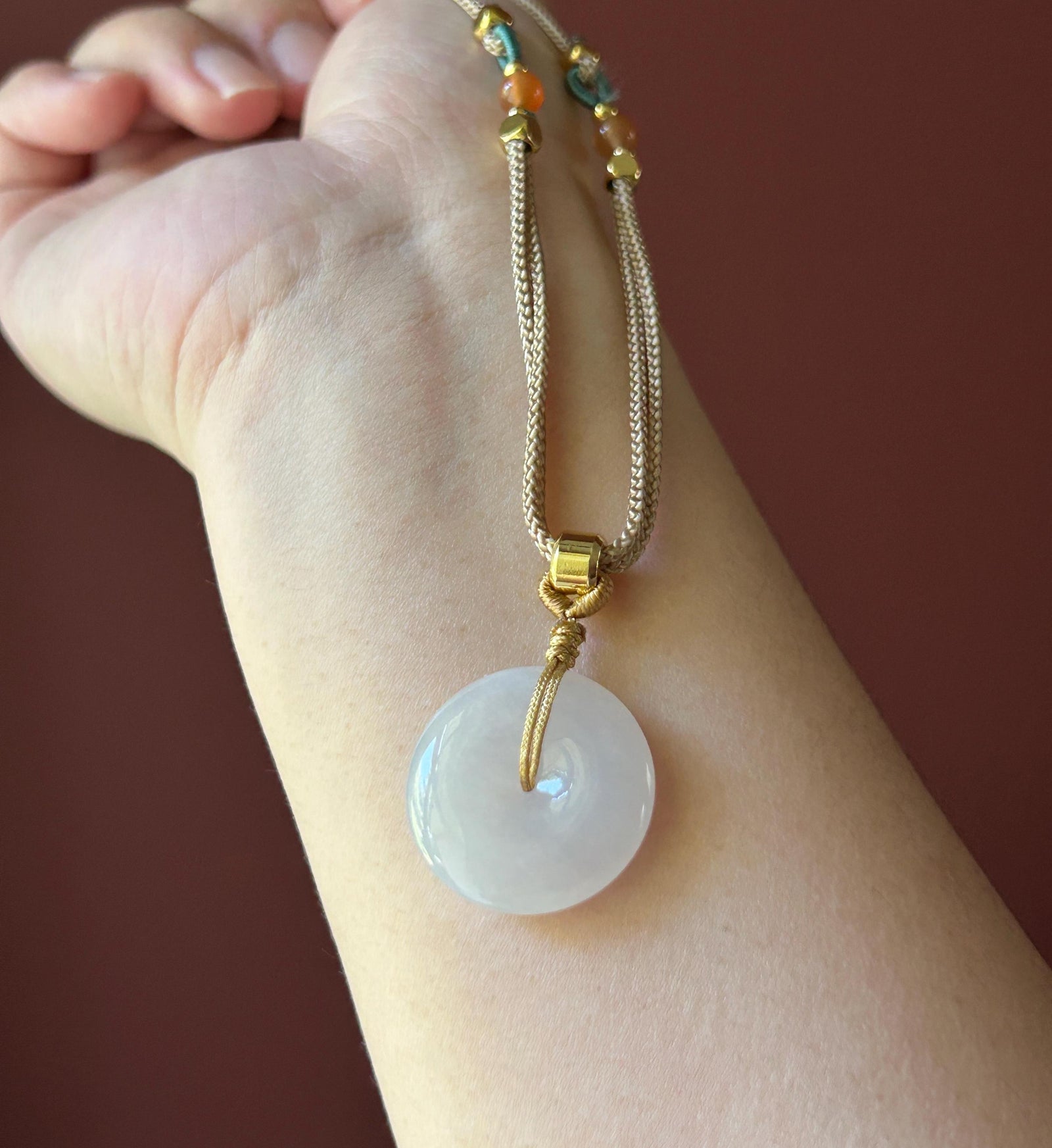 Natural Jadeite Lucky Donut Pendant Handwoven Necklace Burmese Type A Highly Translucent Icy White Jade PingAnKou 23.7 x 5.9mm