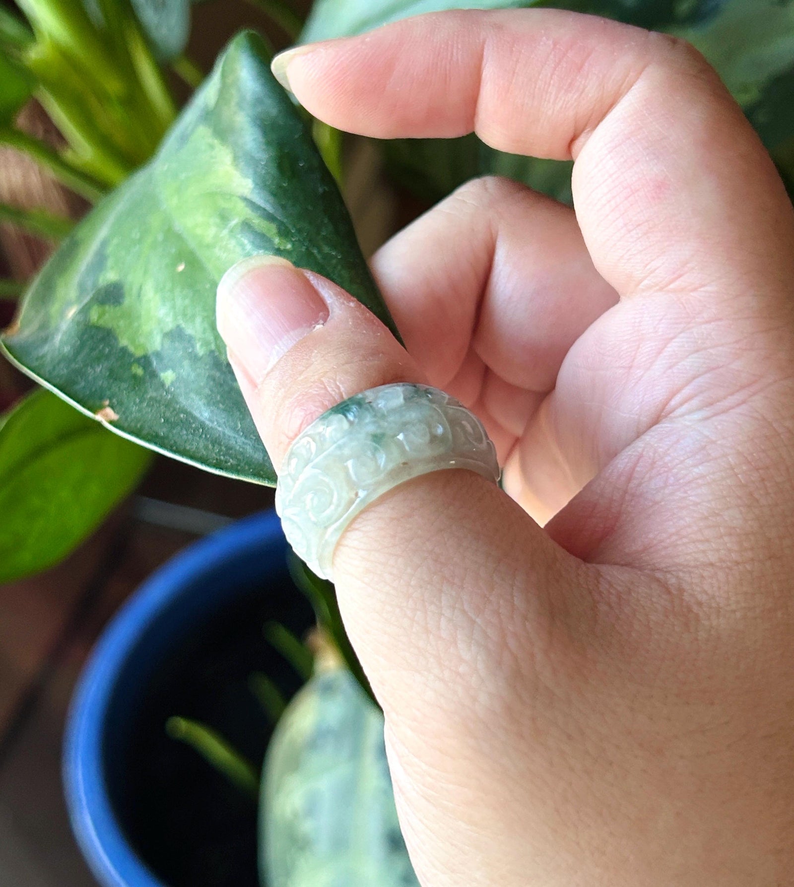 Certified Natural Jadeite Carved Auspicious Ring, Type A Burmese Icy Translucent Light Green & Bluish Green Floral Jade Wide Band, US 9