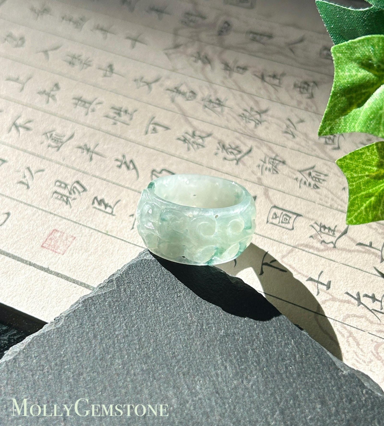 Certified Natural Jadeite Carved Auspicious Ring, Type A Burmese Icy Translucent Light Green & Bluish Green Floral Jade Wide Band, US 9