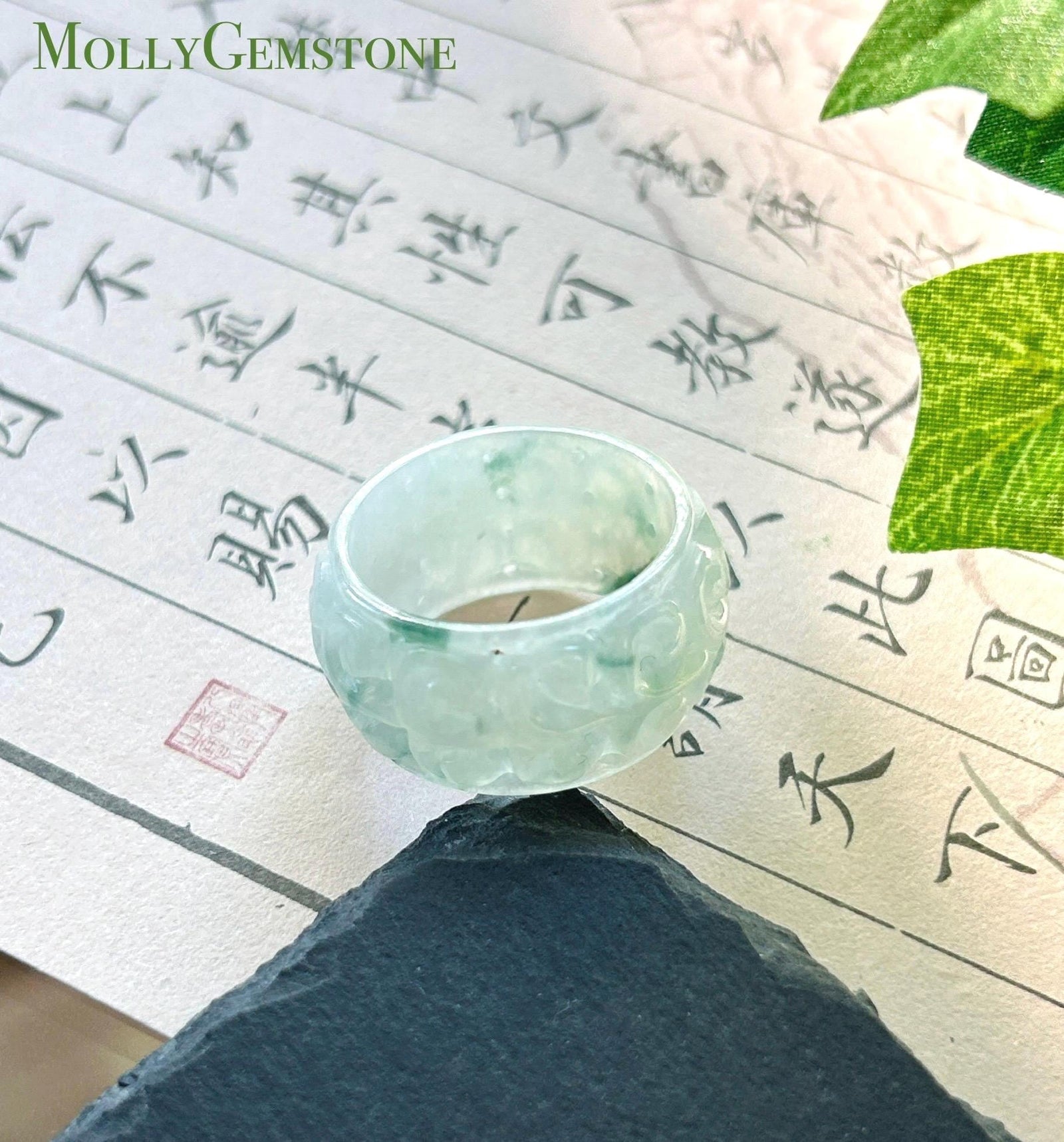 Certified Natural Jadeite Carved Auspicious Ring, Type A Burmese Icy Translucent Light Green & Bluish Green Floral Jade Wide Band, US 9