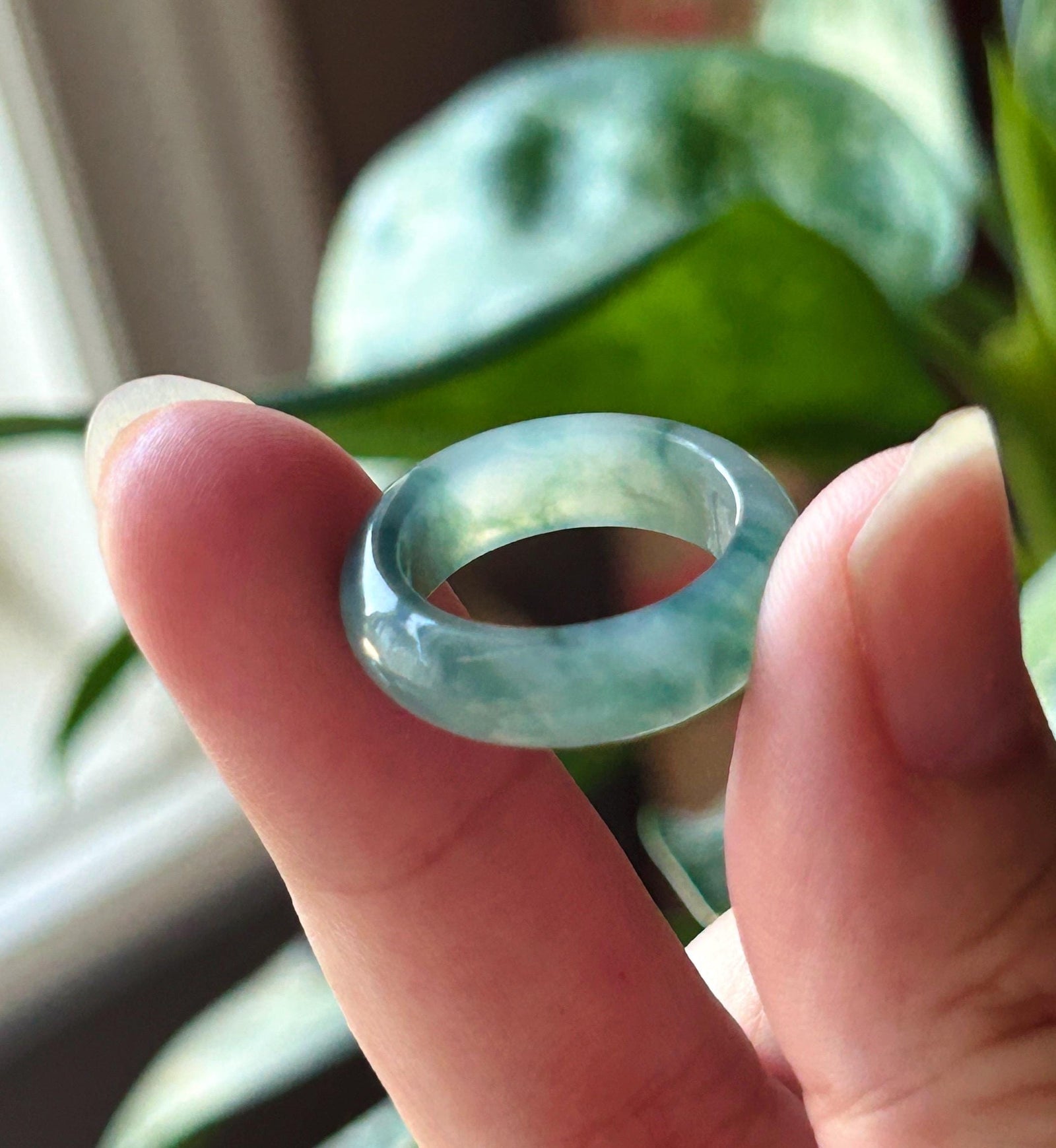 Certified Natural Jadeite Band Ring | Burmese Type A Translucent Icy Glutinous Bluish Green Floral Jade US - 6.25, 16.7mm