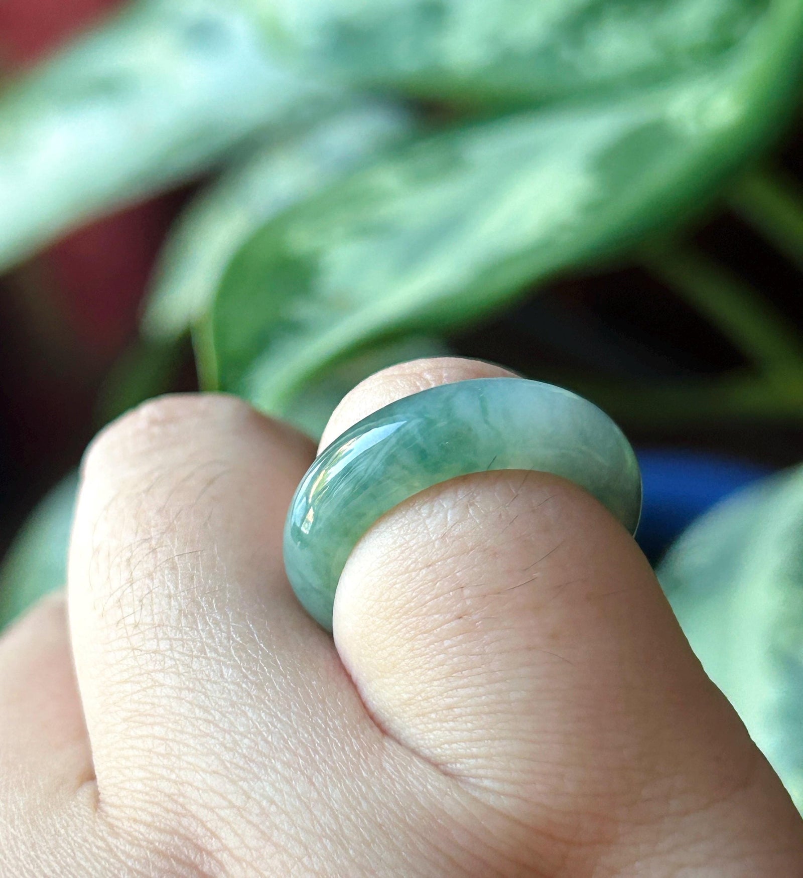 Certified Natural Jadeite Band Ring | Burmese Type A Translucent Icy Glutinous Bluish Green Floral Jade US - 6.25, 16.7mm