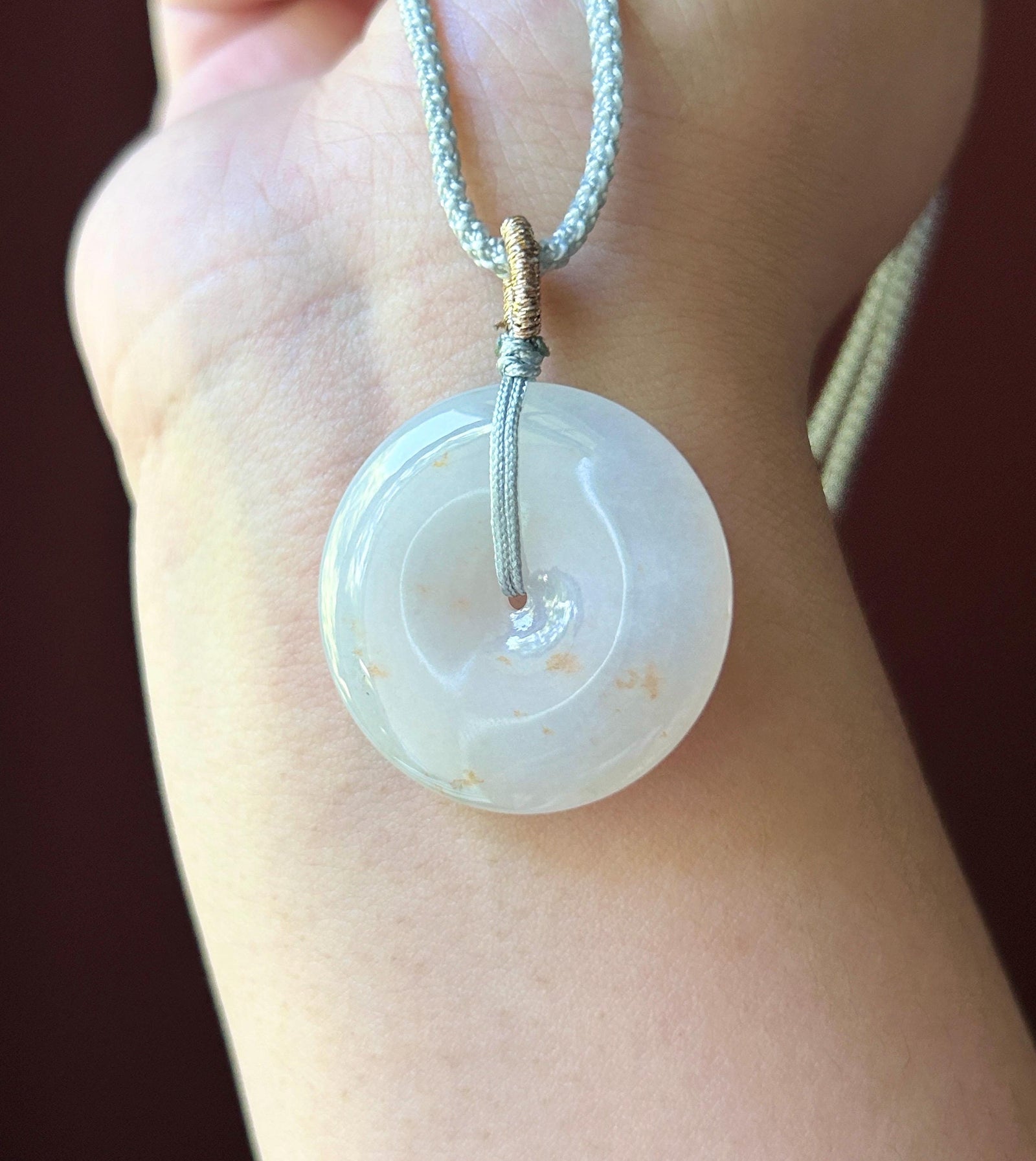 Natural Jadeite Lucky Donut Pendant Handwoven Necklace Burmese Type A Highly Translucent Icy White Red Floral Jade PingAnKou 30.3 x 5.9mm