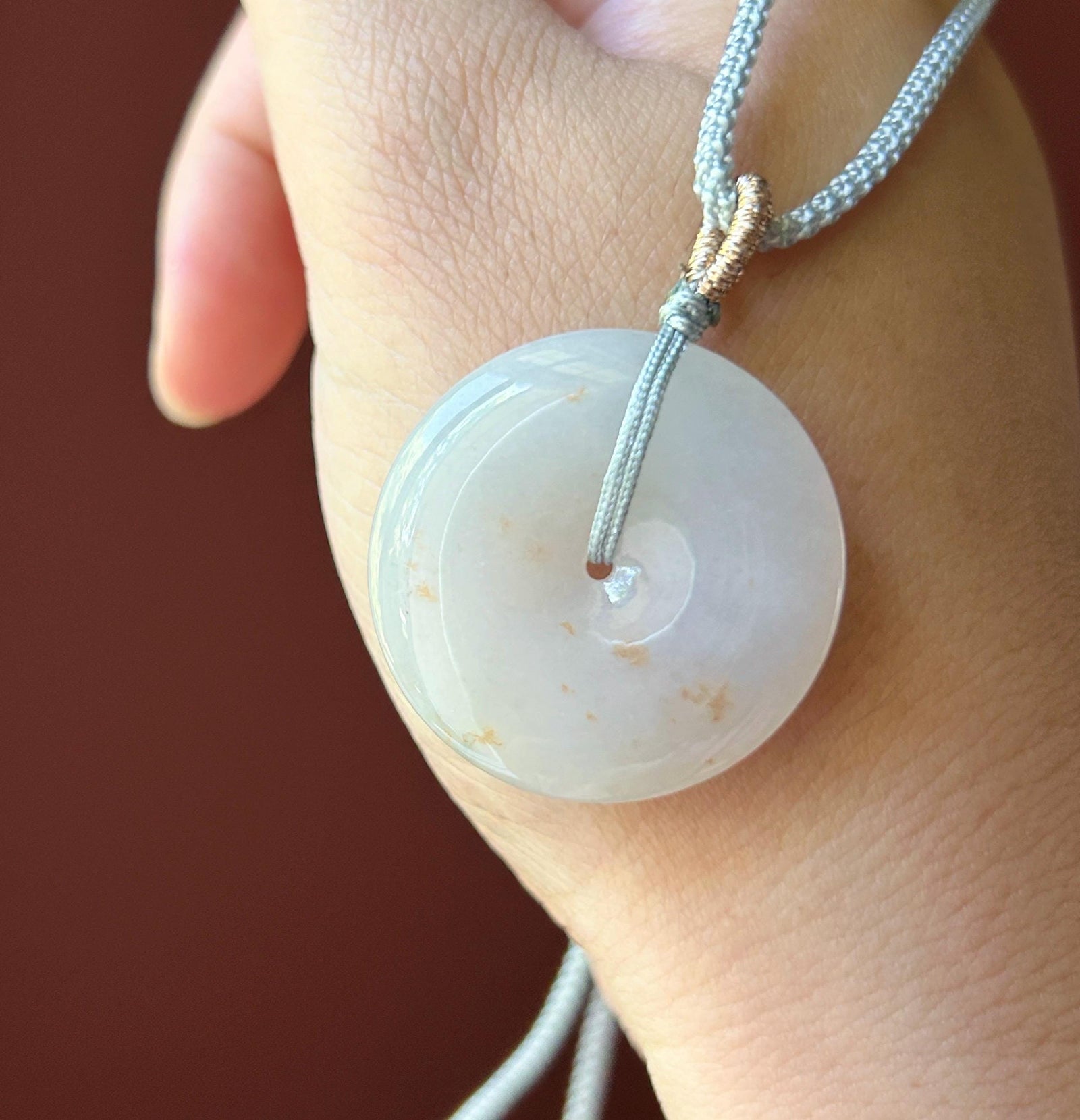 Natural Jadeite Lucky Donut Pendant Handwoven Necklace Burmese Type A Highly Translucent Icy White Red Floral Jade PingAnKou 30.3 x 5.9mm
