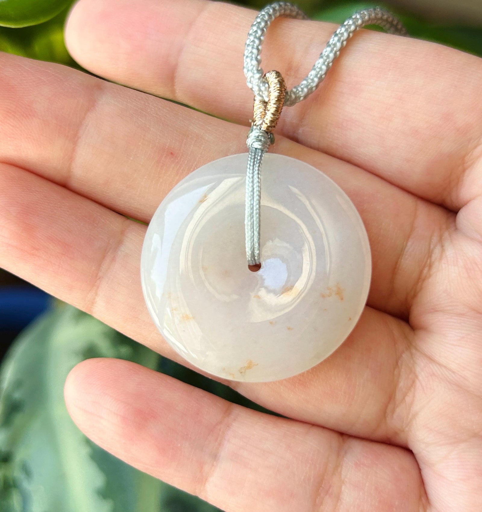 Natural Jadeite Lucky Donut Pendant Handwoven Necklace Burmese Type A Highly Translucent Icy White Red Floral Jade PingAnKou 30.3 x 5.9mm