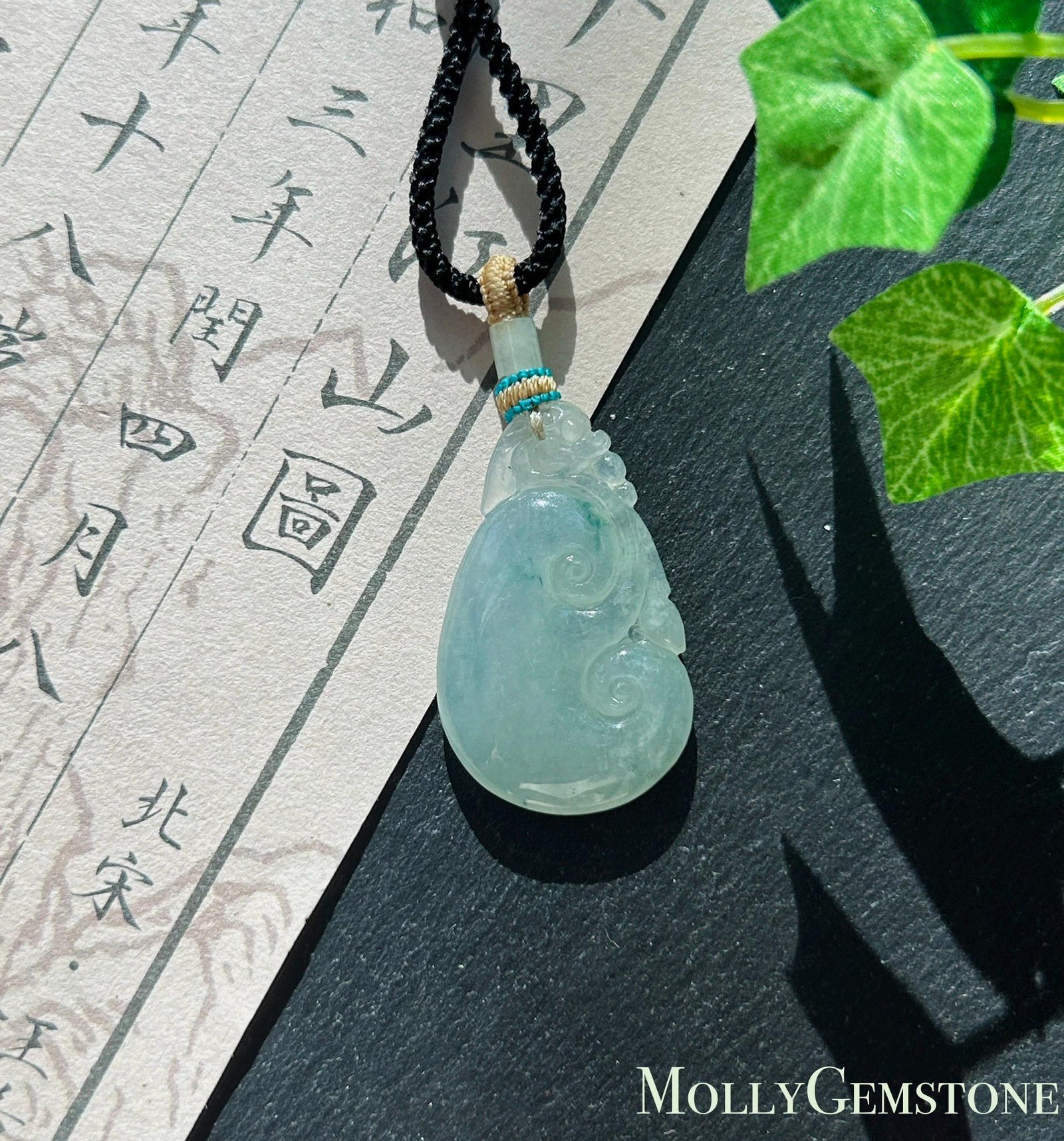 Natural Jadeite Ruyi Pendant Handwoven Necklace Burmese Type A Highly Translucent Icy Light Green Based Bluish Green Floral Jade