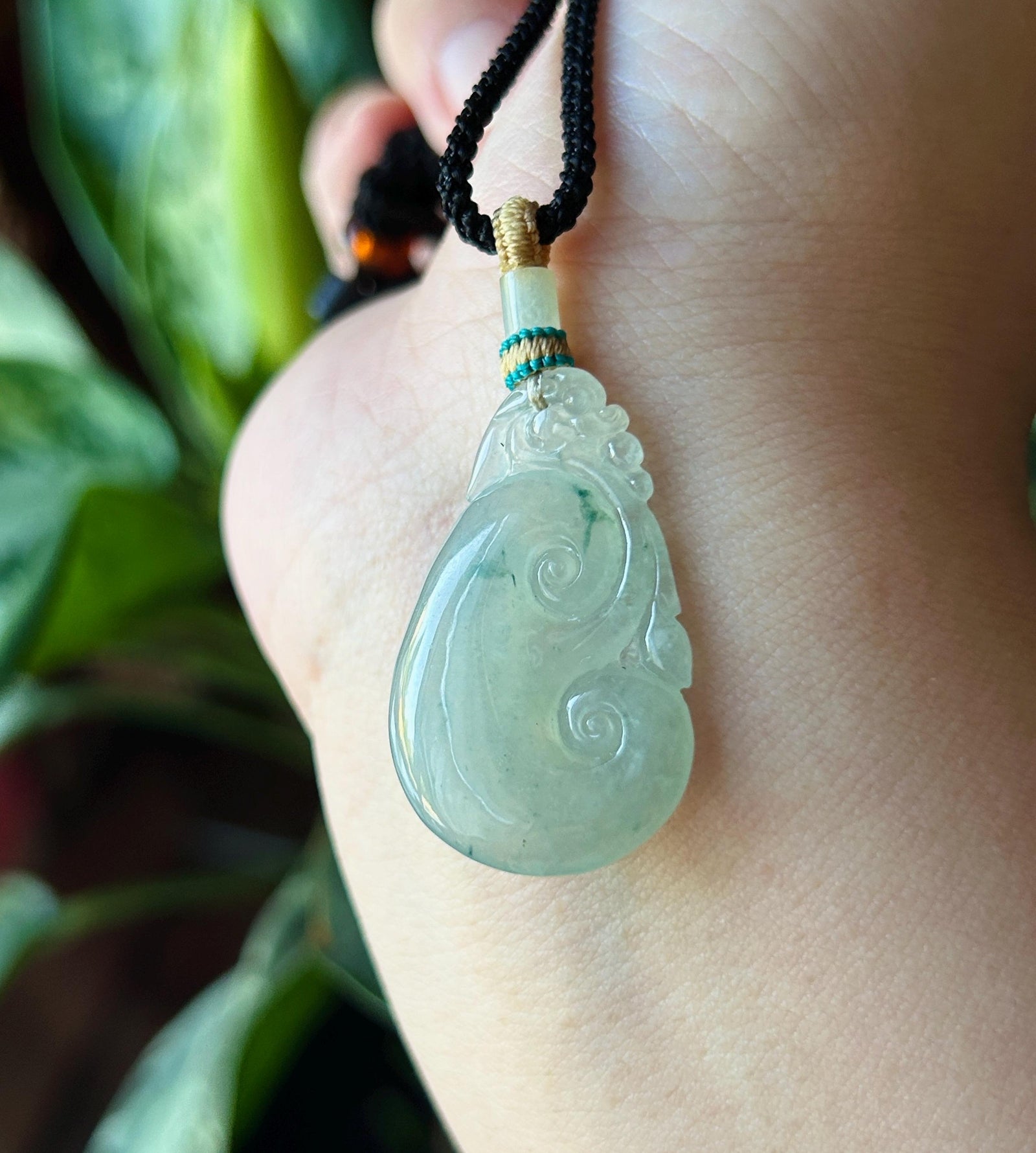 Natural Jadeite Ruyi Pendant Handwoven Necklace Burmese Type A Highly Translucent Icy Light Green Based Bluish Green Floral Jade
