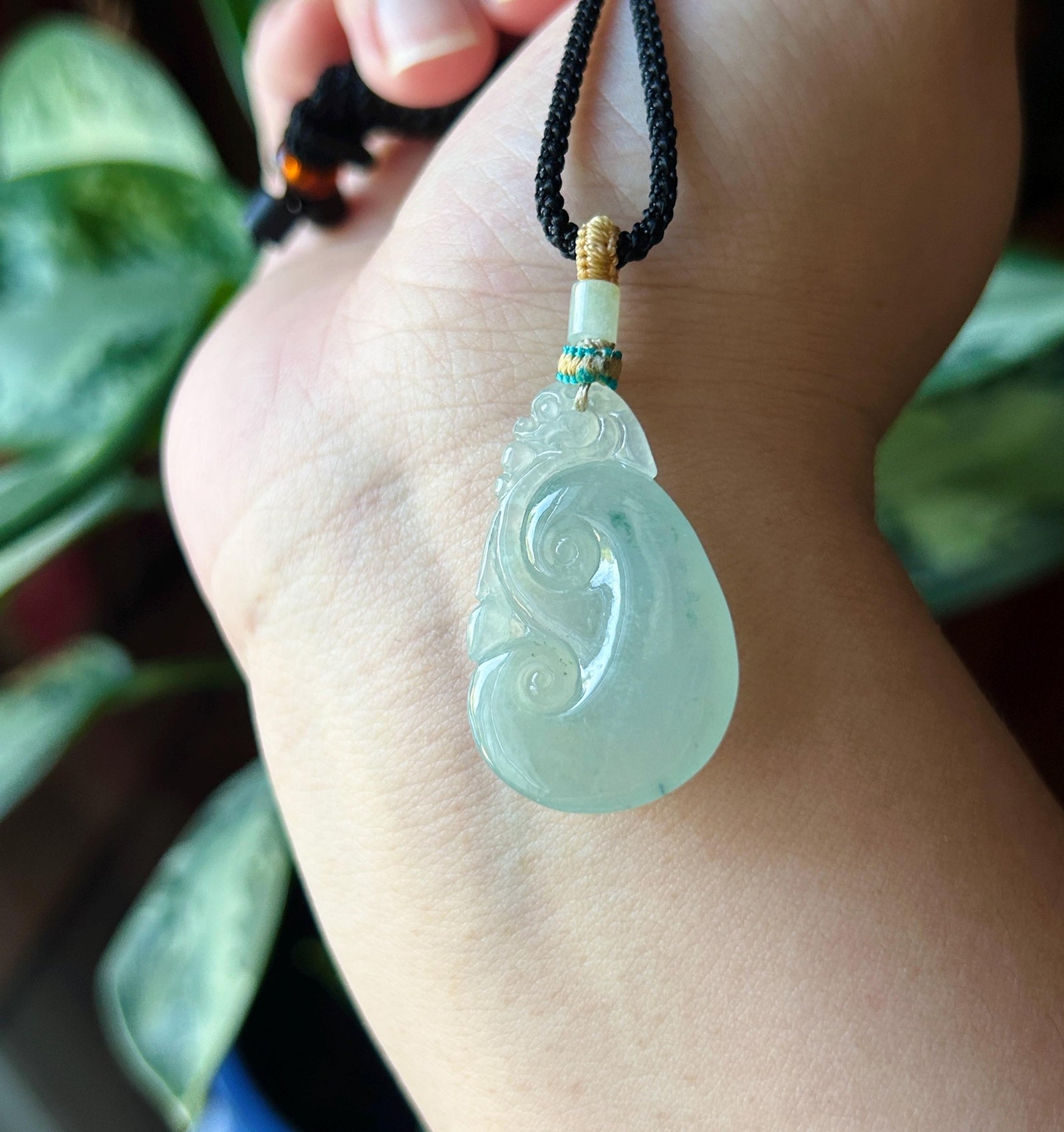 Natural Jadeite Ruyi Pendant Handwoven Necklace Burmese Type A Highly Translucent Icy Light Green Based Bluish Green Floral Jade