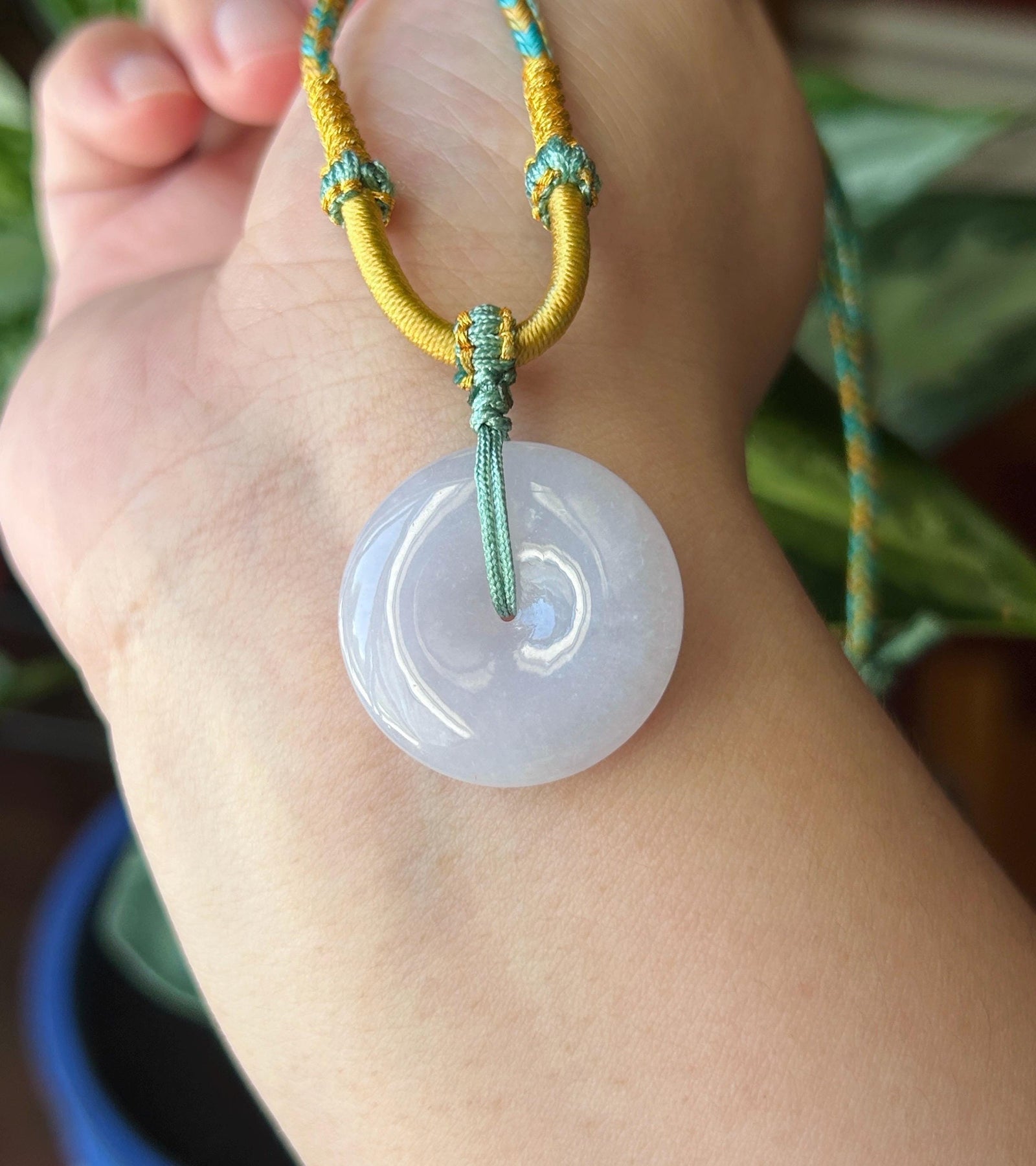 Natural Jadeite Lucky Donut Pendant Handwoven Necklace Burmese Type A Translucent Icy Bluish Lavender Jade PingAnKou 25.4 x 5.8mm