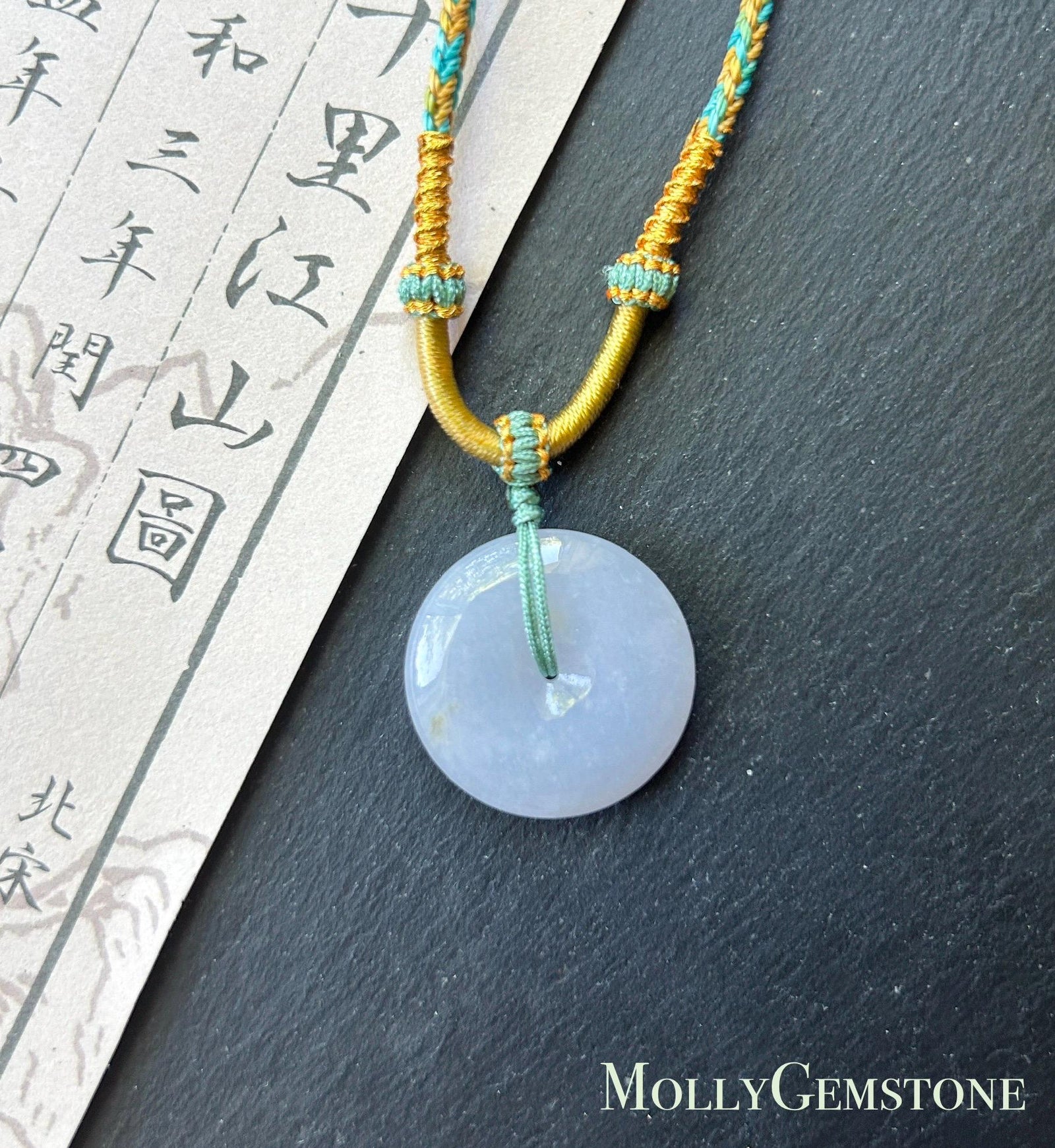 Natural Jadeite Lucky Donut Pendant Handwoven Necklace Burmese Type A Translucent Icy Bluish Lavender Jade PingAnKou 25.4 x 5.8mm