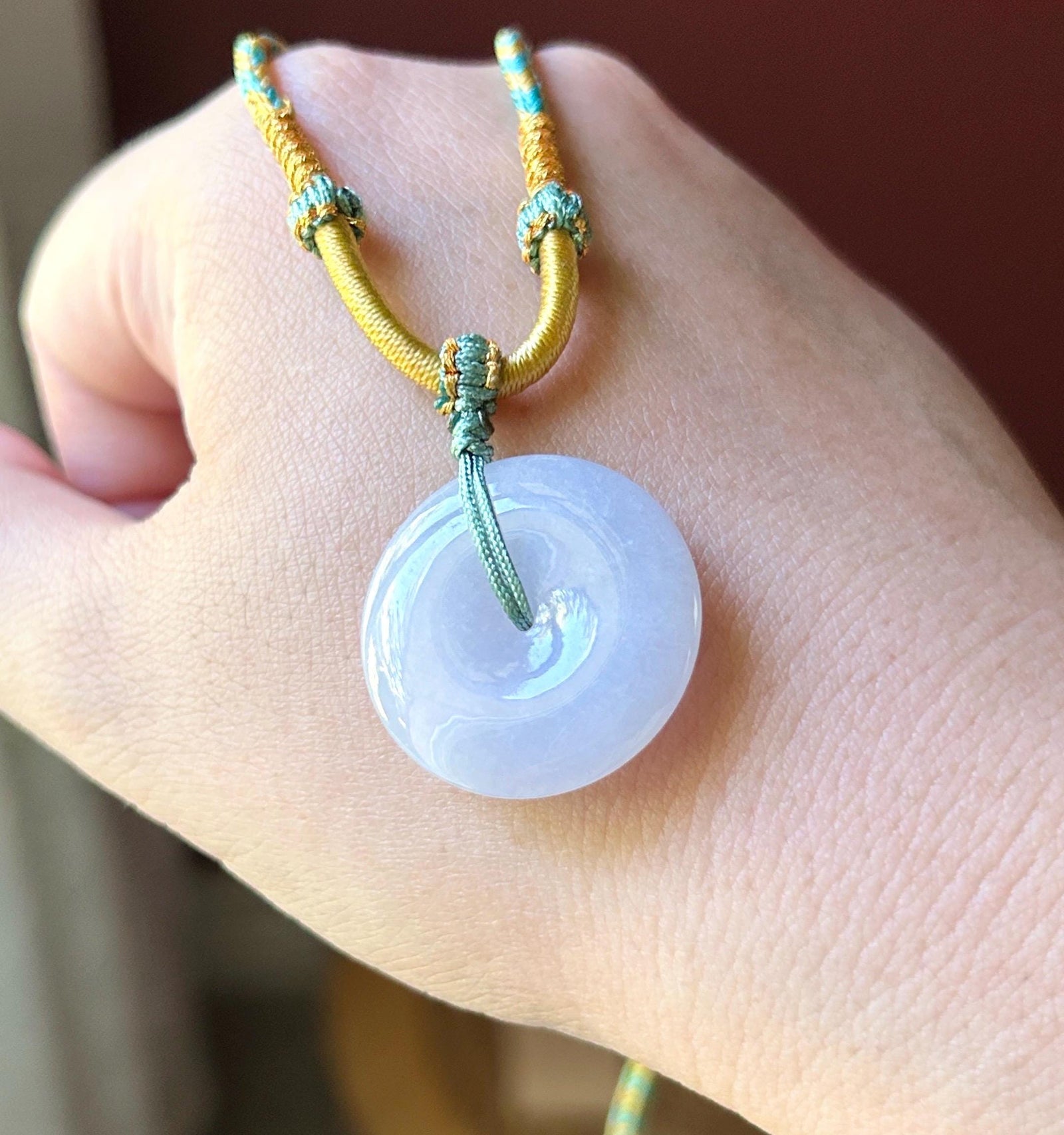 Natural Jadeite Lucky Donut Pendant Handwoven Necklace Burmese Type A Translucent Icy Bluish Lavender Jade PingAnKou 25.4 x 5.8mm