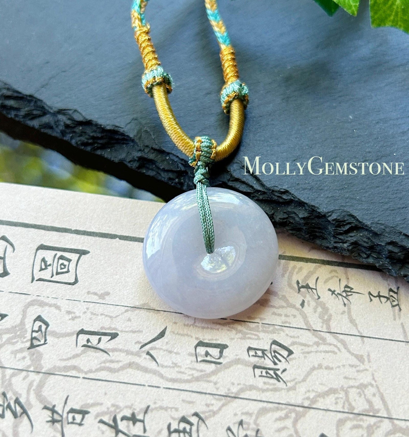 Natural Jadeite Lucky Donut Pendant Handwoven Necklace Burmese Type A Translucent Icy Bluish Lavender Jade PingAnKou 25.4 x 5.8mm