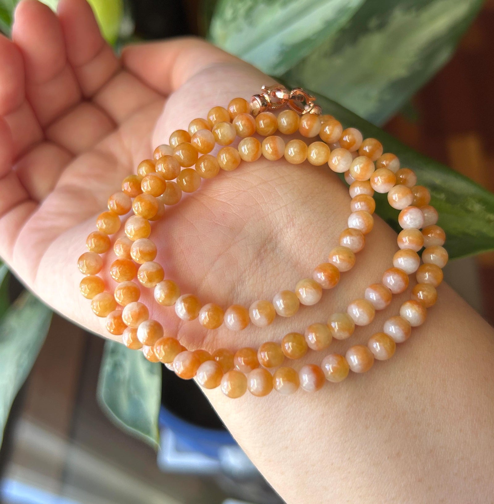 Certified Natural Jadeite Beaded Stacked Bracelet/Necklace Jewelry Burmese Type A Icy YuanYang Orange Jade 5.3mm