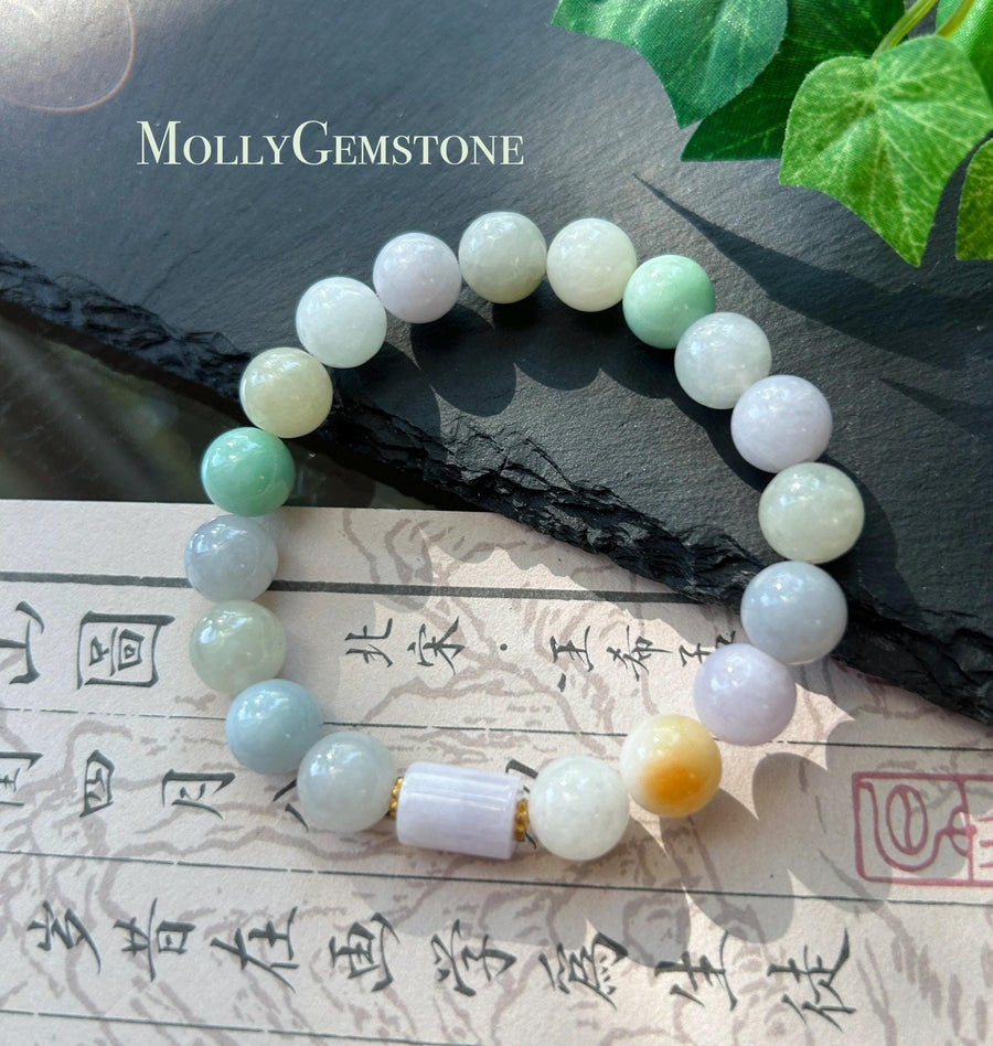 Natural Jadeite Beaded Bracelet Burmese Type A Untreated Fine Glutinous Icy Multicolor Jade 9.4mm Duobao
