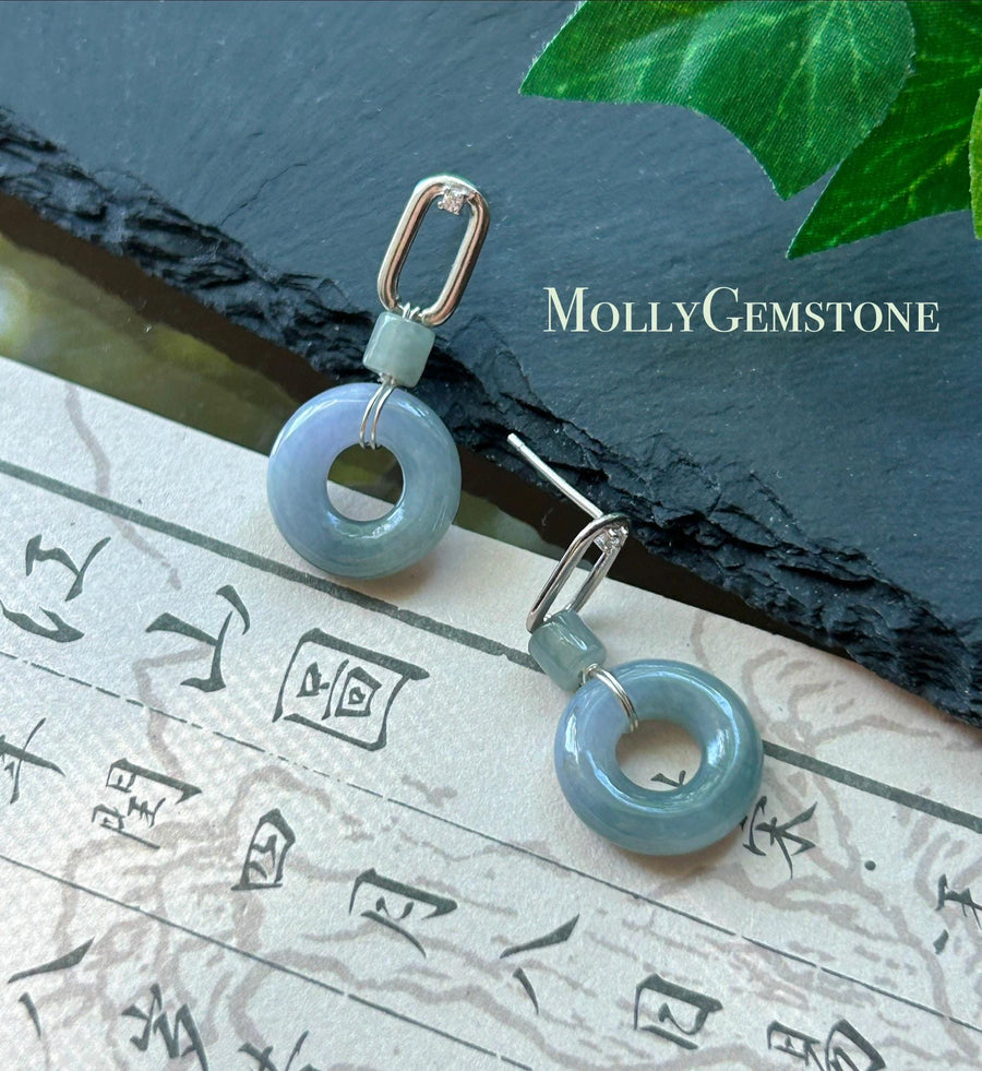 Certified Natural Jadeite Lucky Donut Earrings: Burmese Type A Icy Translucent Monet Garden Lavender/ Green Tea Yellow Jade, Sterling Silver