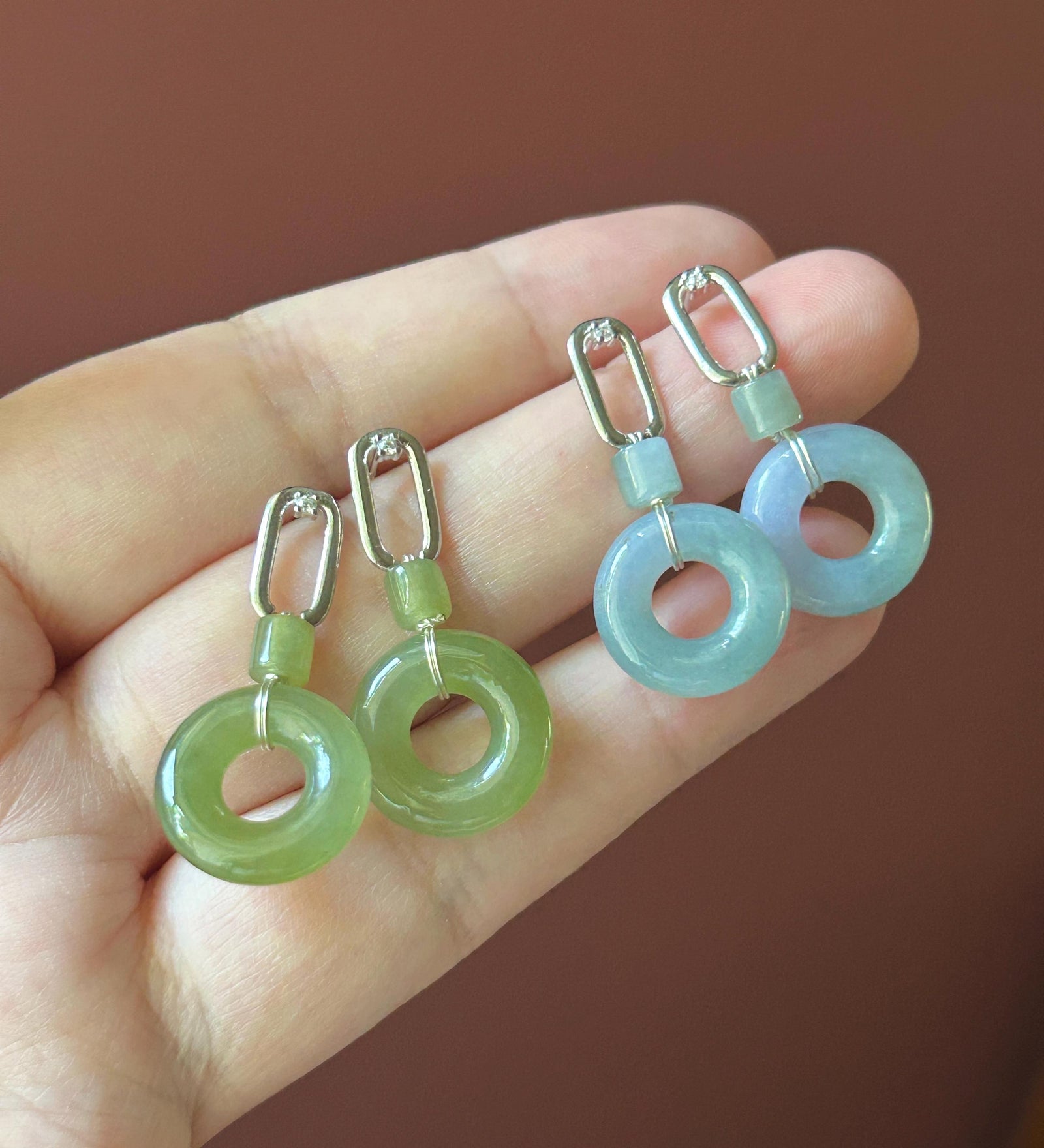 Certified Natural Jadeite Lucky Donut Earrings: Burmese Type A Icy Translucent Monet Garden Lavender/ Green Tea Yellow Jade, Sterling Silver