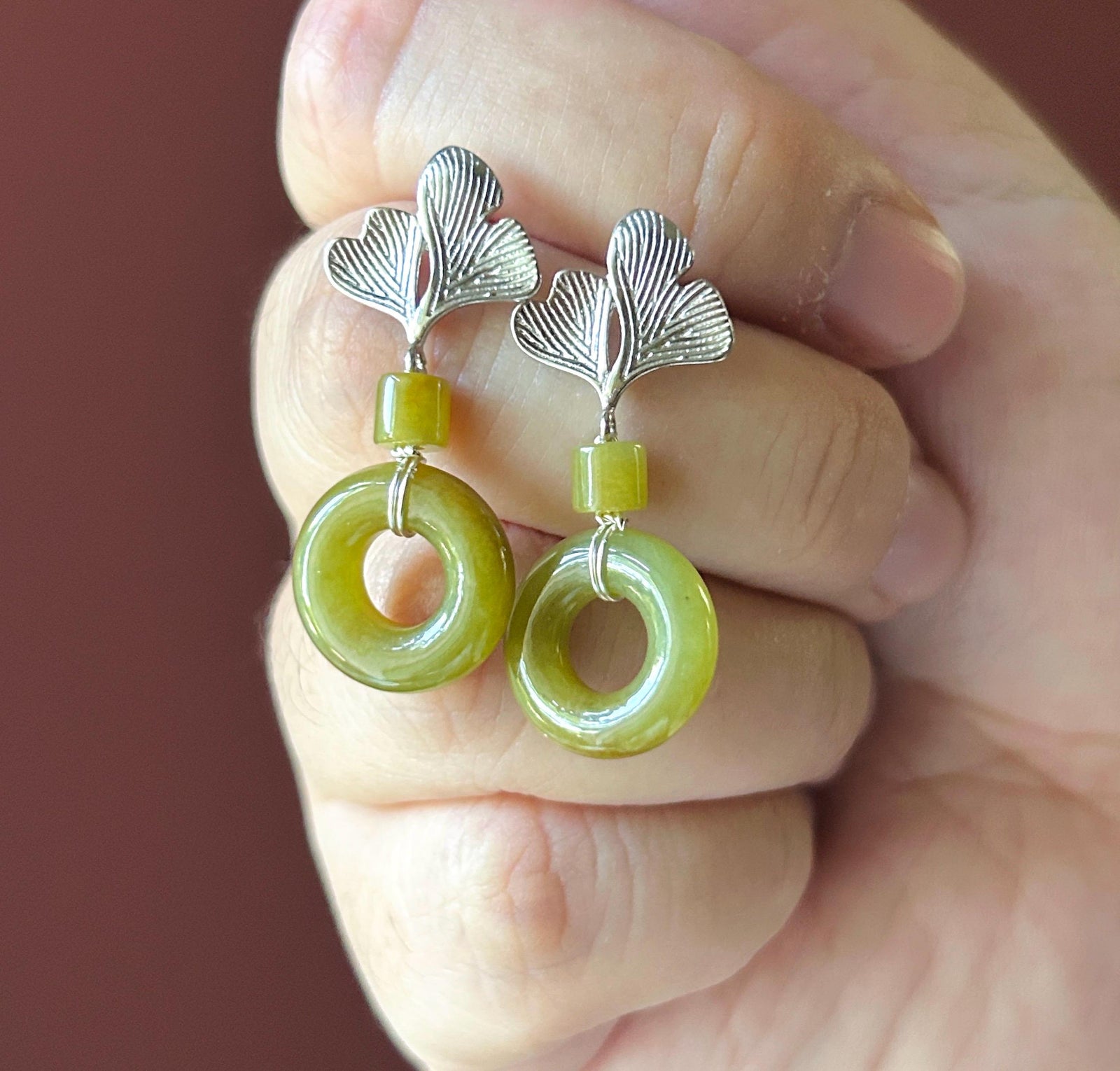 Certified Natural Jadeite Lucky Donut Earrings: Burmese Type A Icy Translucent Green Tea/ Olive Yellow Jade, Ginkgo Style Sterling Silver