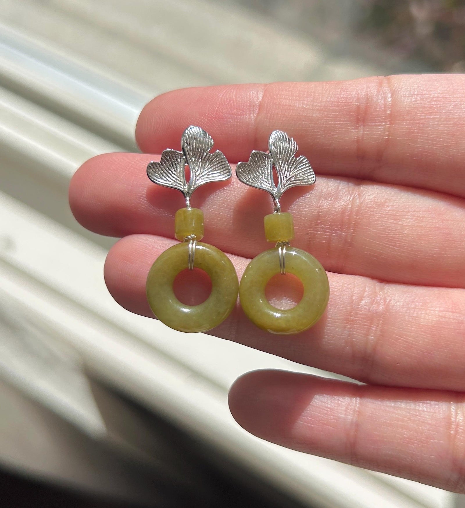 Certified Natural Jadeite Lucky Donut Earrings: Burmese Type A Icy Translucent Green Tea/ Olive Yellow Jade, Ginkgo Style Sterling Silver