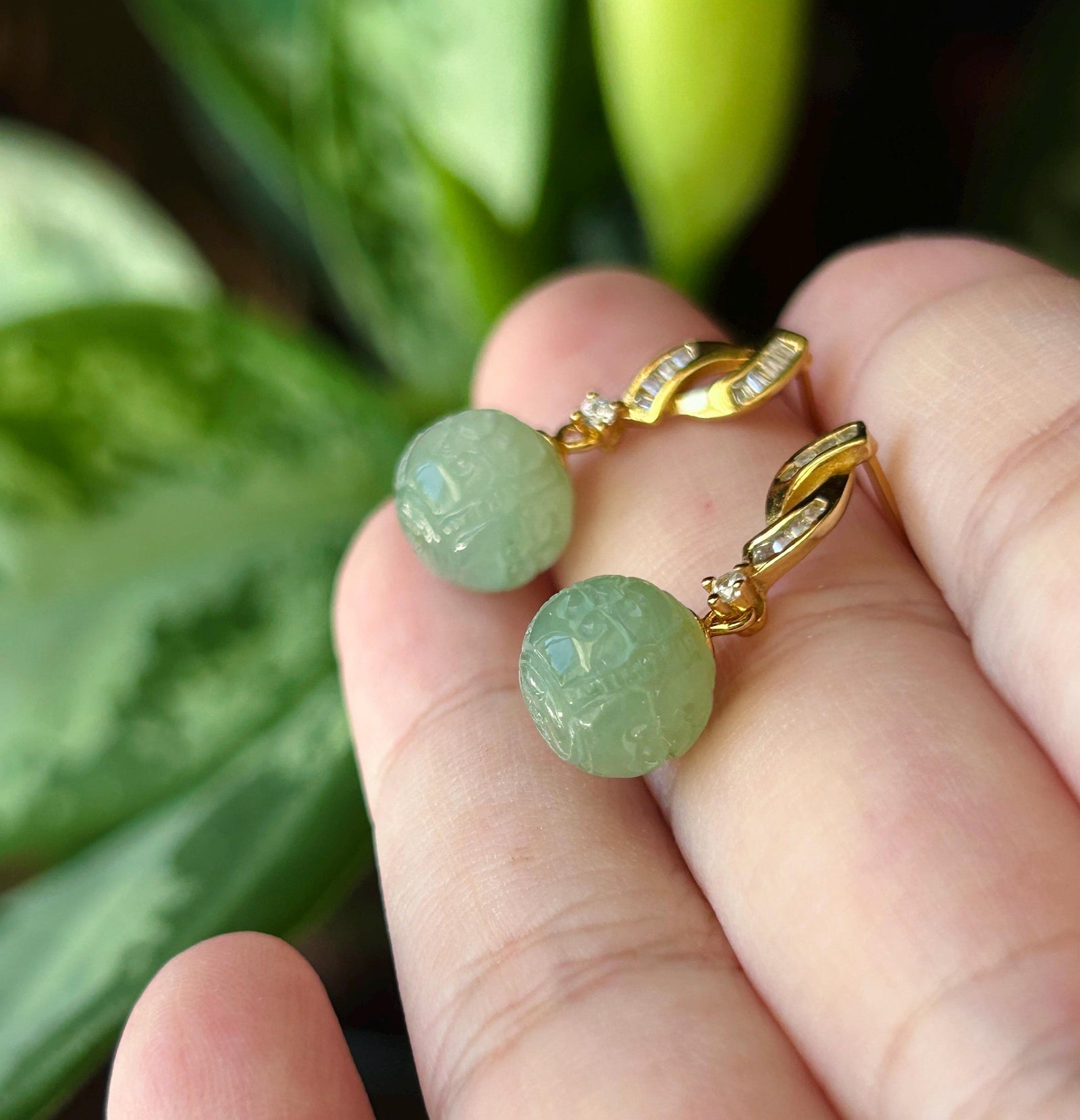 Natural Jadeite Handcarved Beaded Earrings: Burmese Type A Icy Translucent Green Jade, Sterling Silver