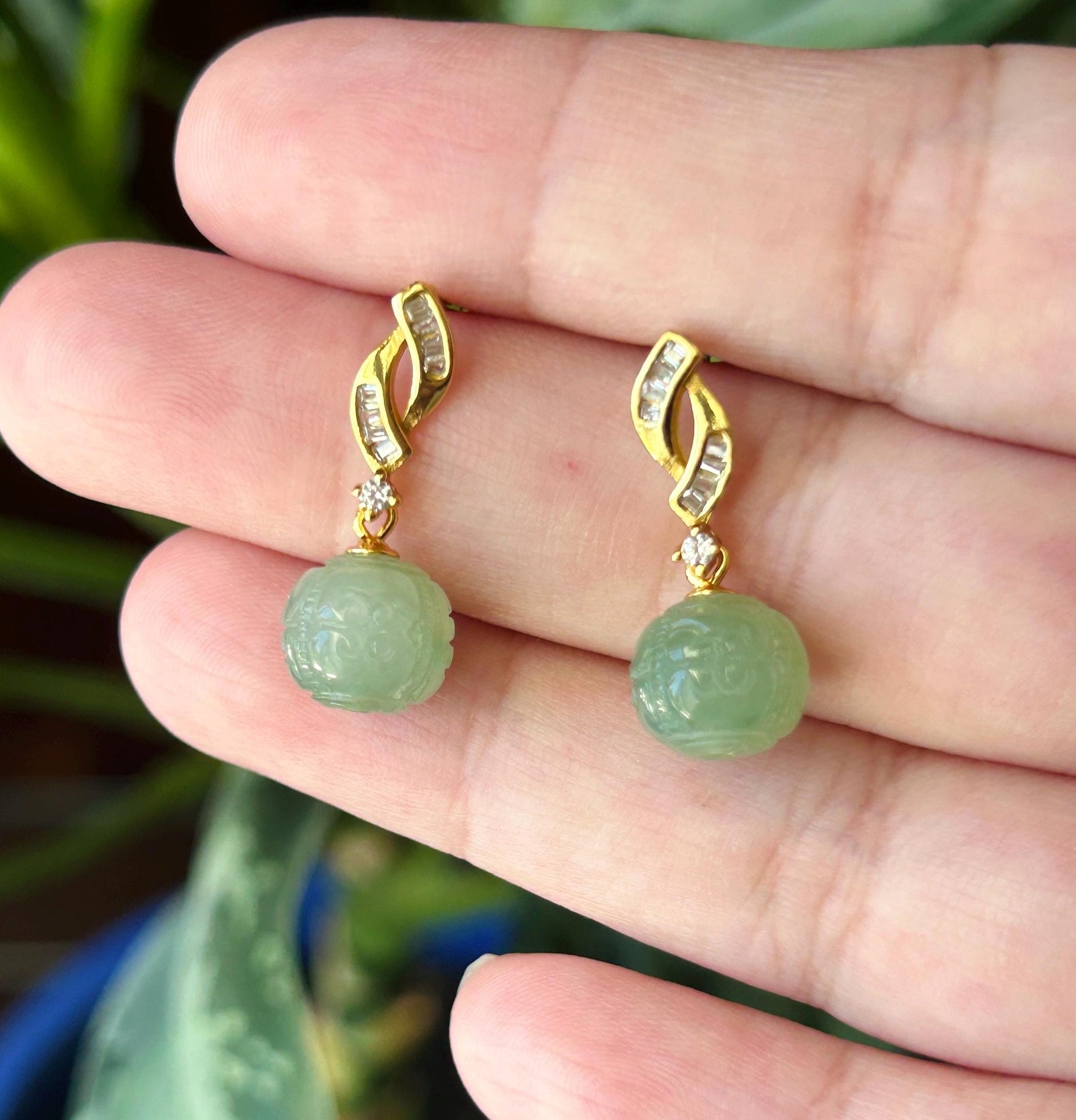 Natural Jadeite Handcarved Beaded Earrings: Burmese Type A Icy Translucent Green Jade, Sterling Silver