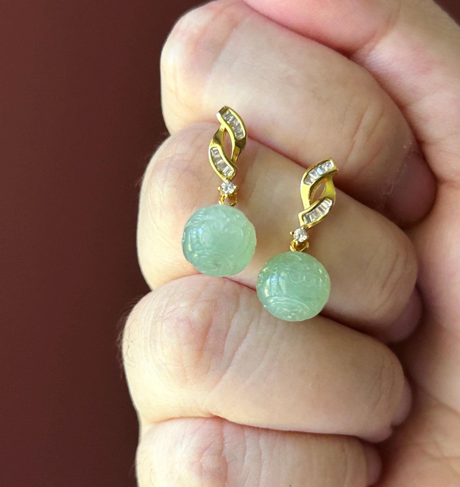 Natural Jadeite Handcarved Beaded Earrings: Burmese Type A Icy Translucent Green Jade, Sterling Silver