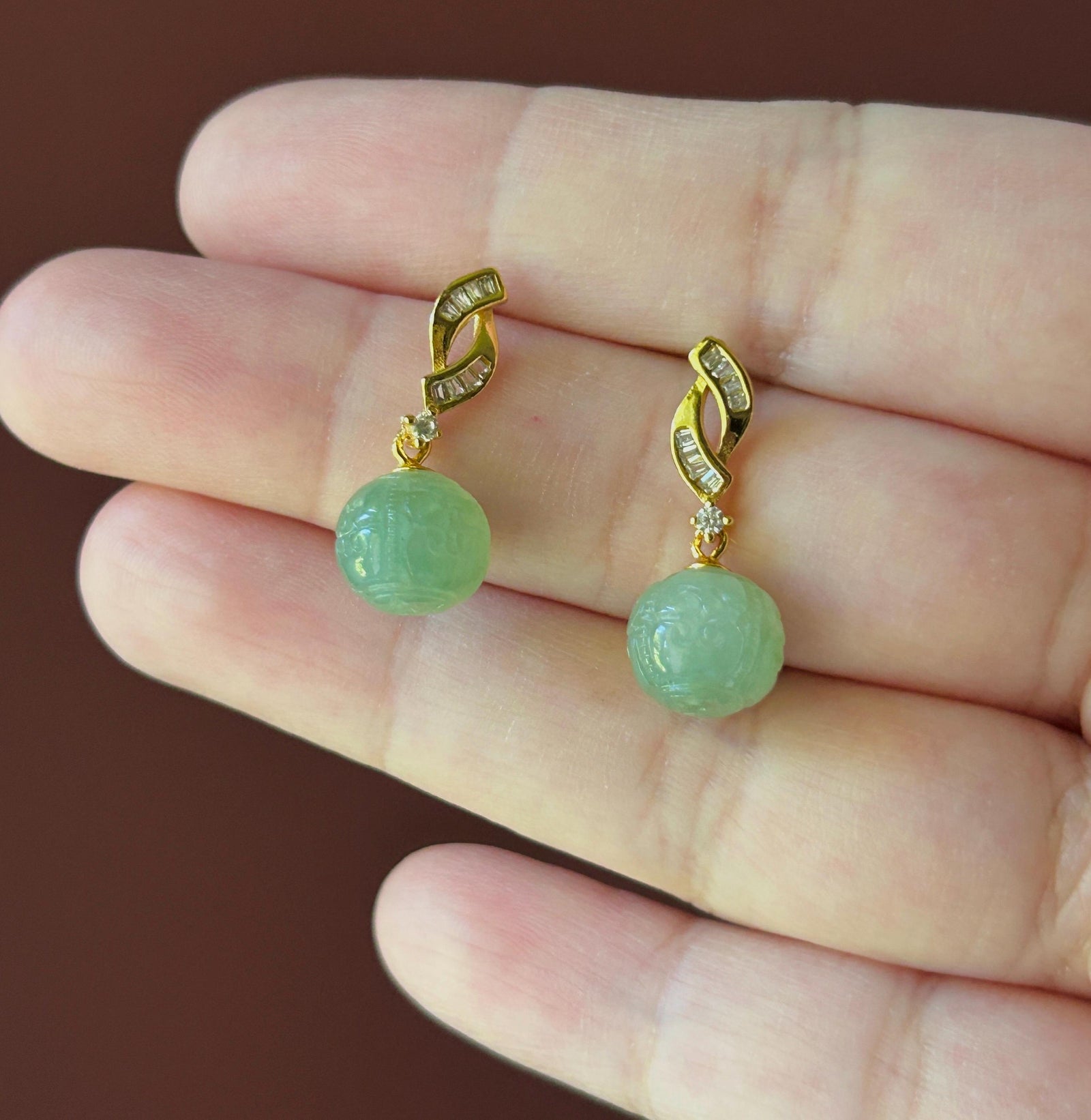 Natural Jadeite Handcarved Beaded Earrings: Burmese Type A Icy Translucent Green Jade, Sterling Silver