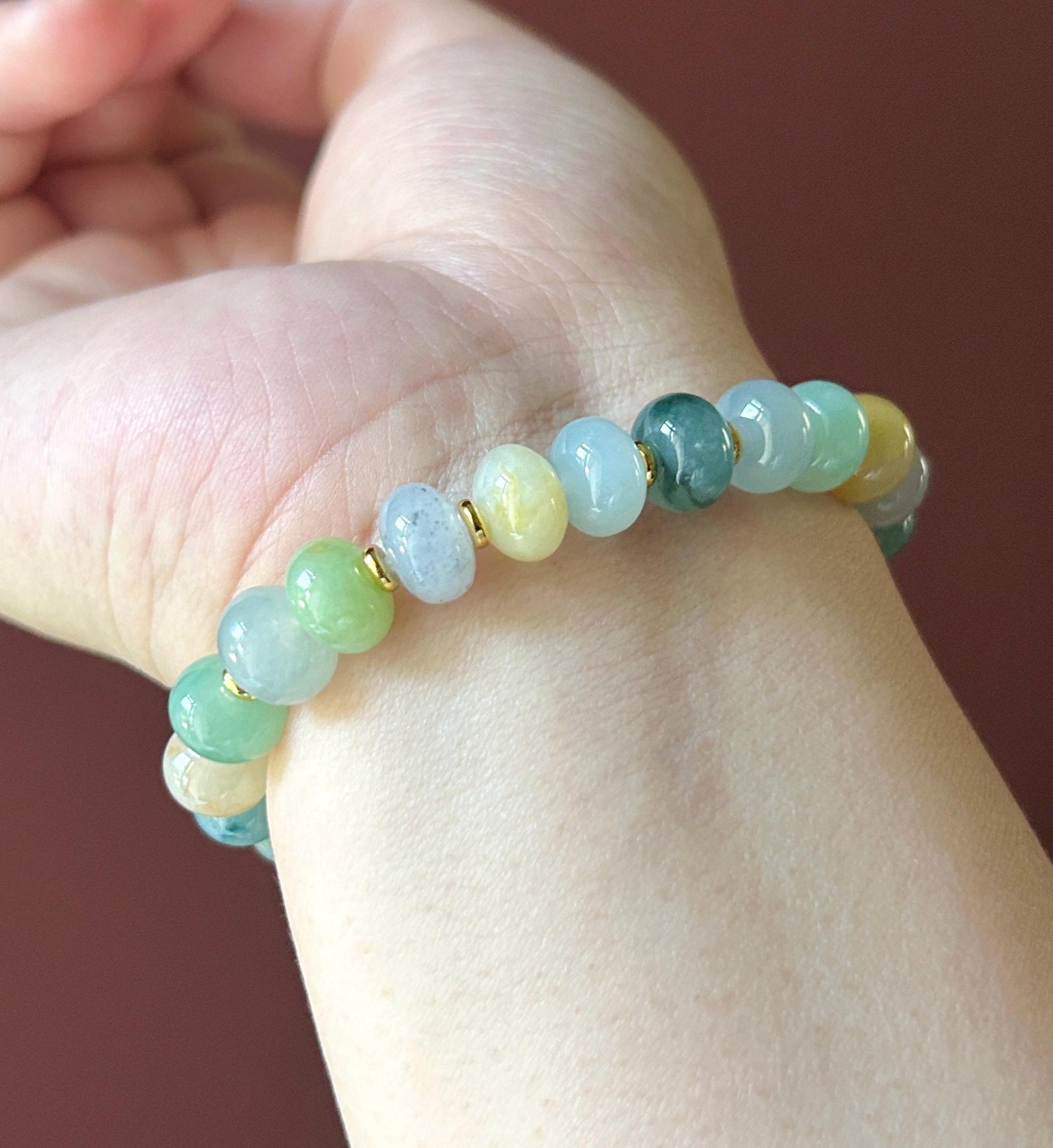 Natural Jadeite Beaded Bracelet Burmese Type A Highly Translucent Fine Icy Multicolor Floral Jade 9mm Minimalist Jewelry