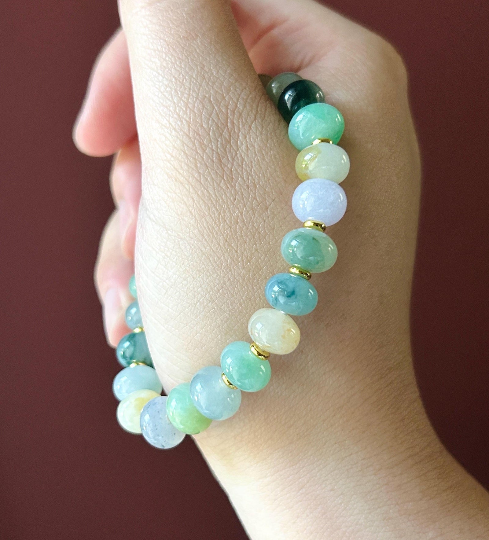 Natural Jadeite Beaded Bracelet Burmese Type A Highly Translucent Fine Icy Multicolor Floral Jade 9mm Minimalist Jewelry