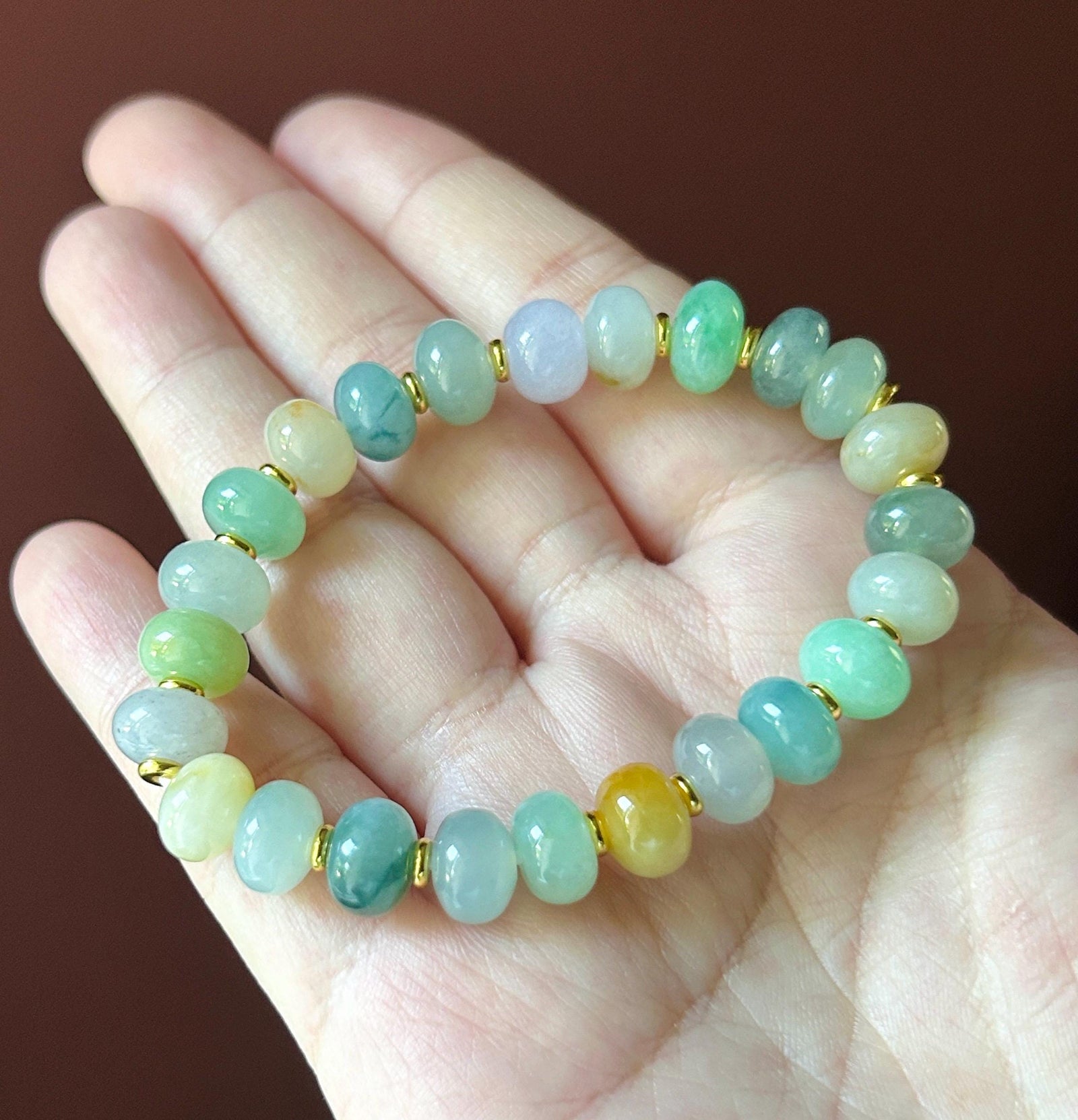 Natural Jadeite Beaded Bracelet Burmese Type A Highly Translucent Fine Icy Multicolor Floral Jade 9mm Minimalist Jewelry