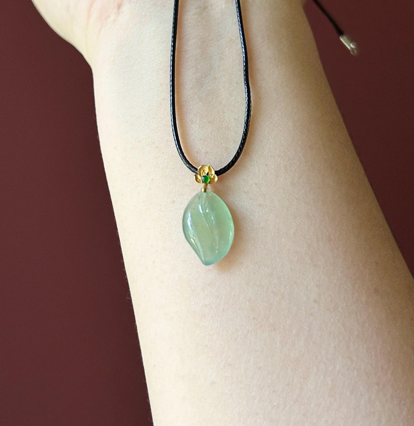 Certified Natural Jadeite Petite Leaf Pendant 18k Solid Gold Bail | Burmese Type A Highly Translucent Icy Mint Green Jade