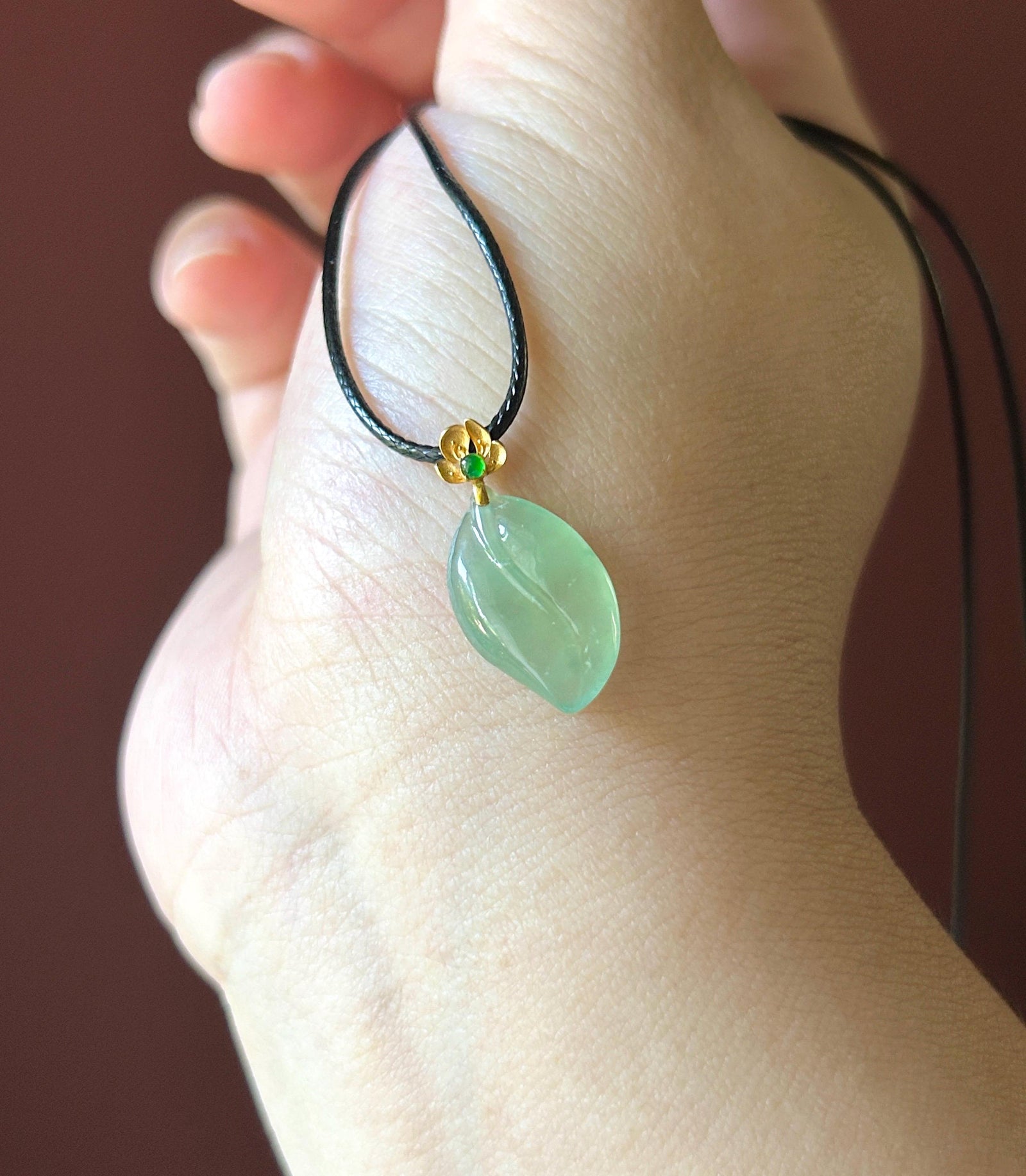 Certified Natural Jadeite Petite Leaf Pendant 18k Solid Gold Bail | Burmese Type A Highly Translucent Icy Mint Green Jade