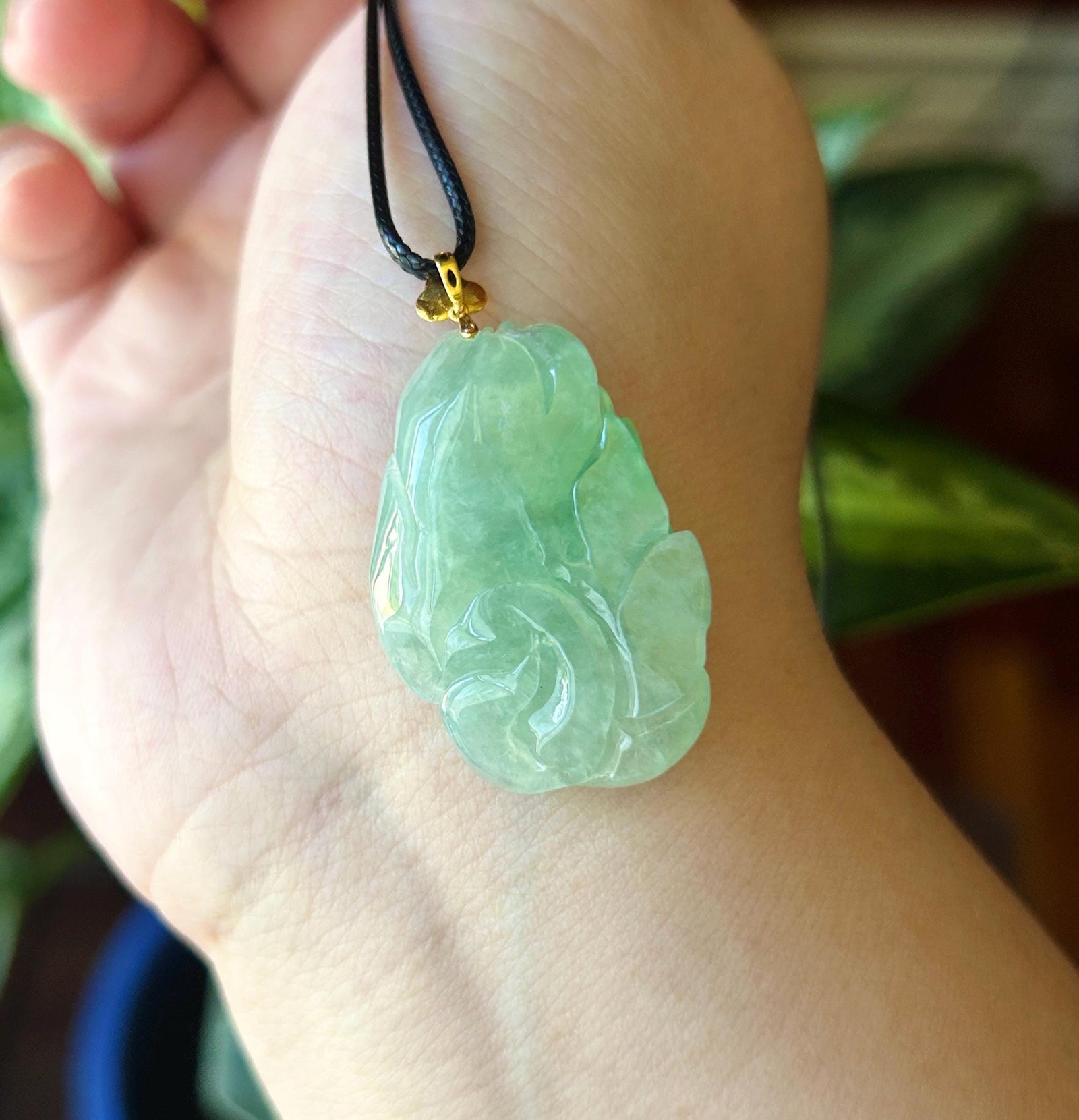 Natural Jadeite Nine Tail Fox Pendant 18k Solid Gold Bail | Burmese Type A Highly Translucent Icy Vivid Apple Minty Green Jade