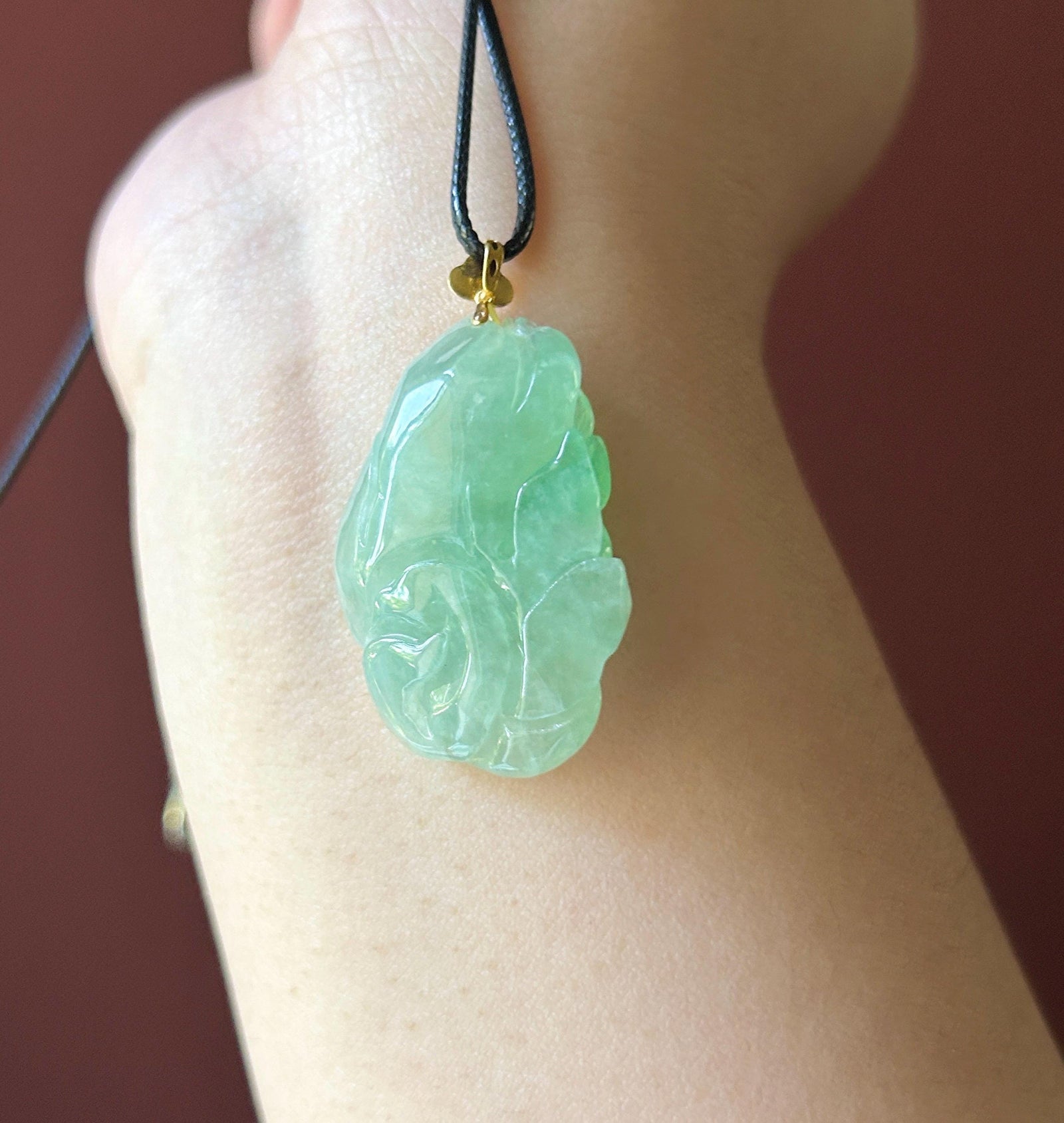 Natural Jadeite Nine Tail Fox Pendant 18k Solid Gold Bail | Burmese Type A Highly Translucent Icy Vivid Apple Minty Green Jade