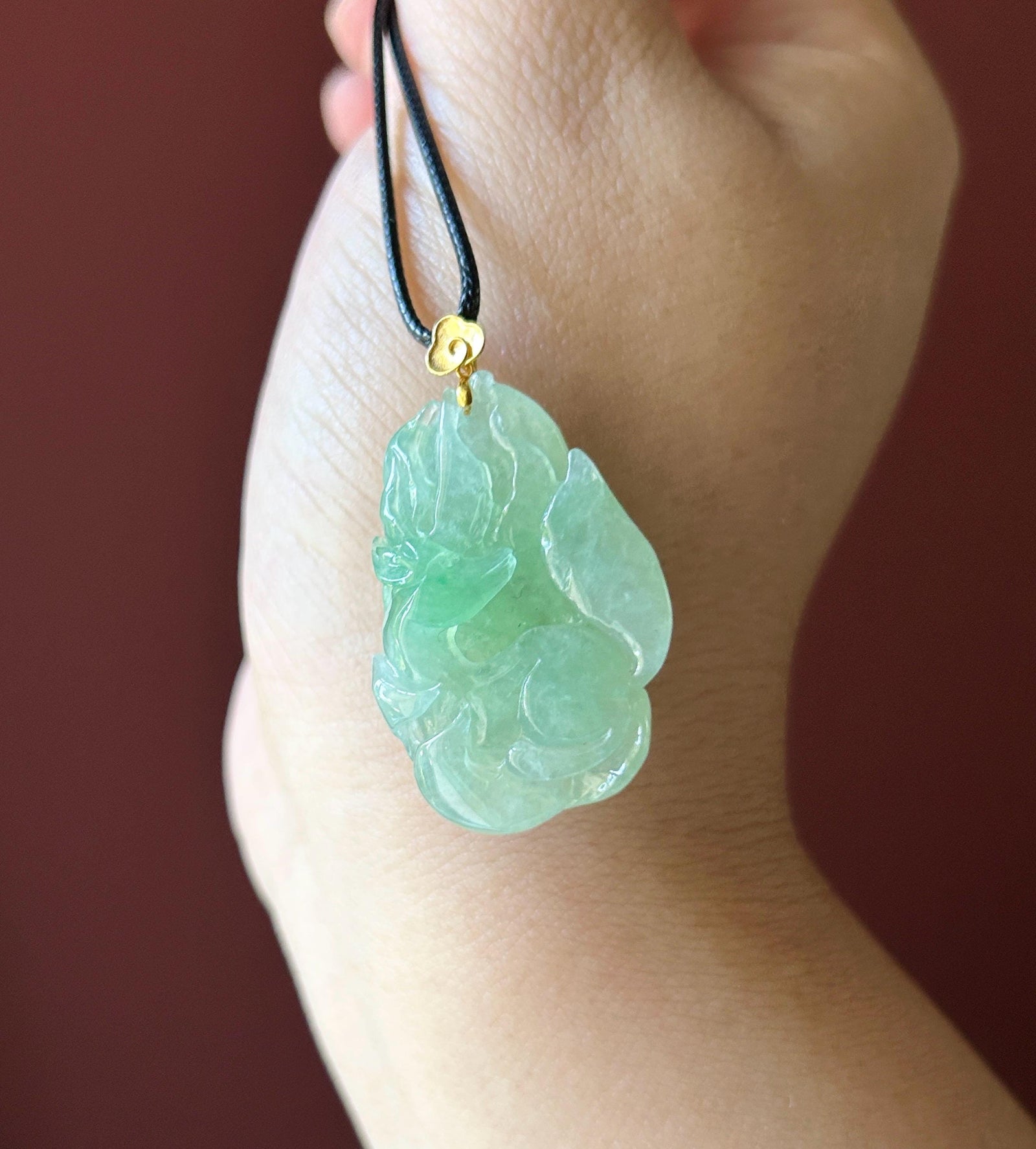Natural Jadeite Nine Tail Fox Pendant 18k Solid Gold Bail | Burmese Type A Highly Translucent Icy Vivid Apple Minty Green Jade