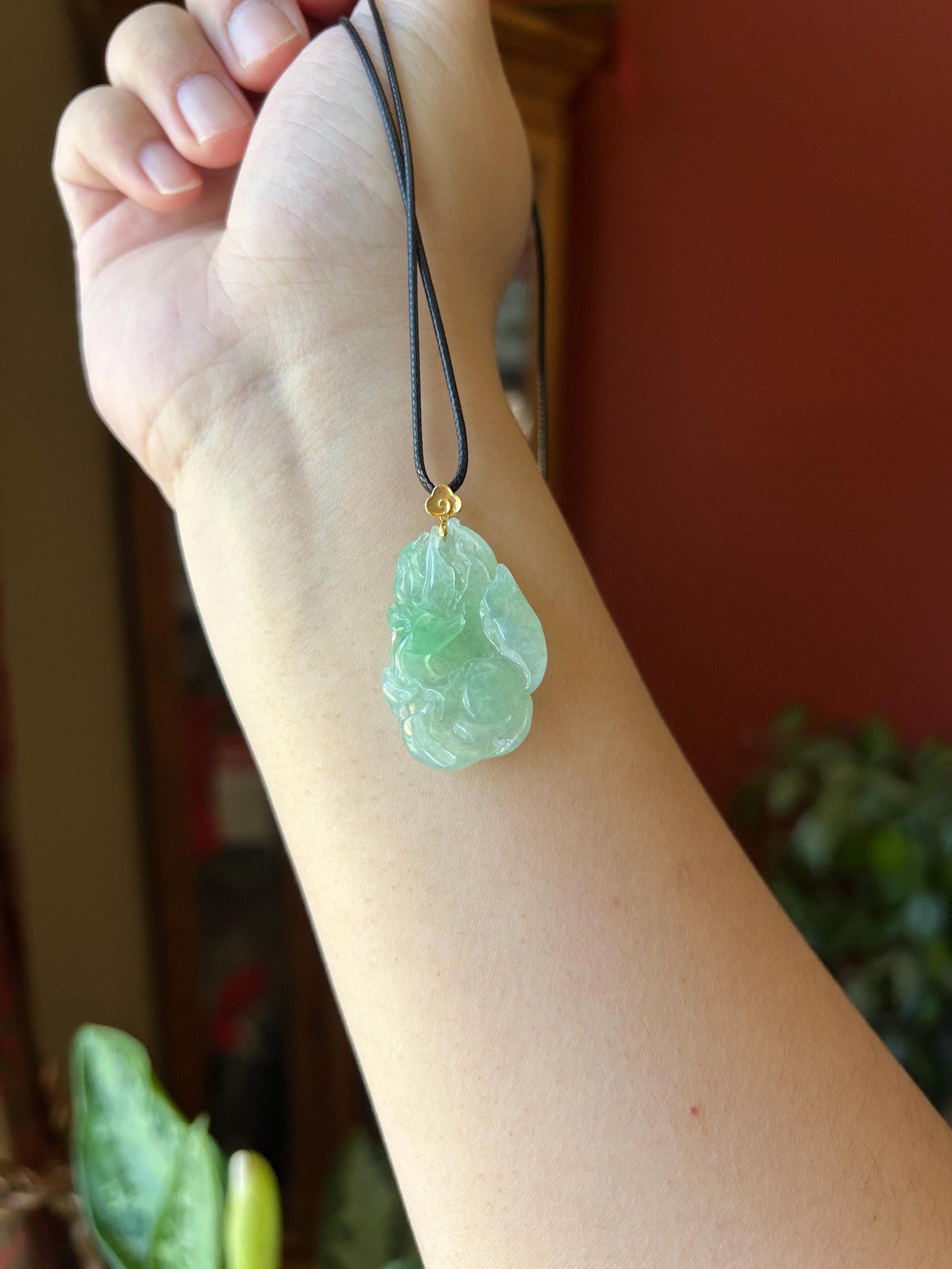 Natural Jadeite Nine Tail Fox Pendant 18k Solid Gold Bail | Burmese Type A Highly Translucent Icy Vivid Apple Minty Green Jade