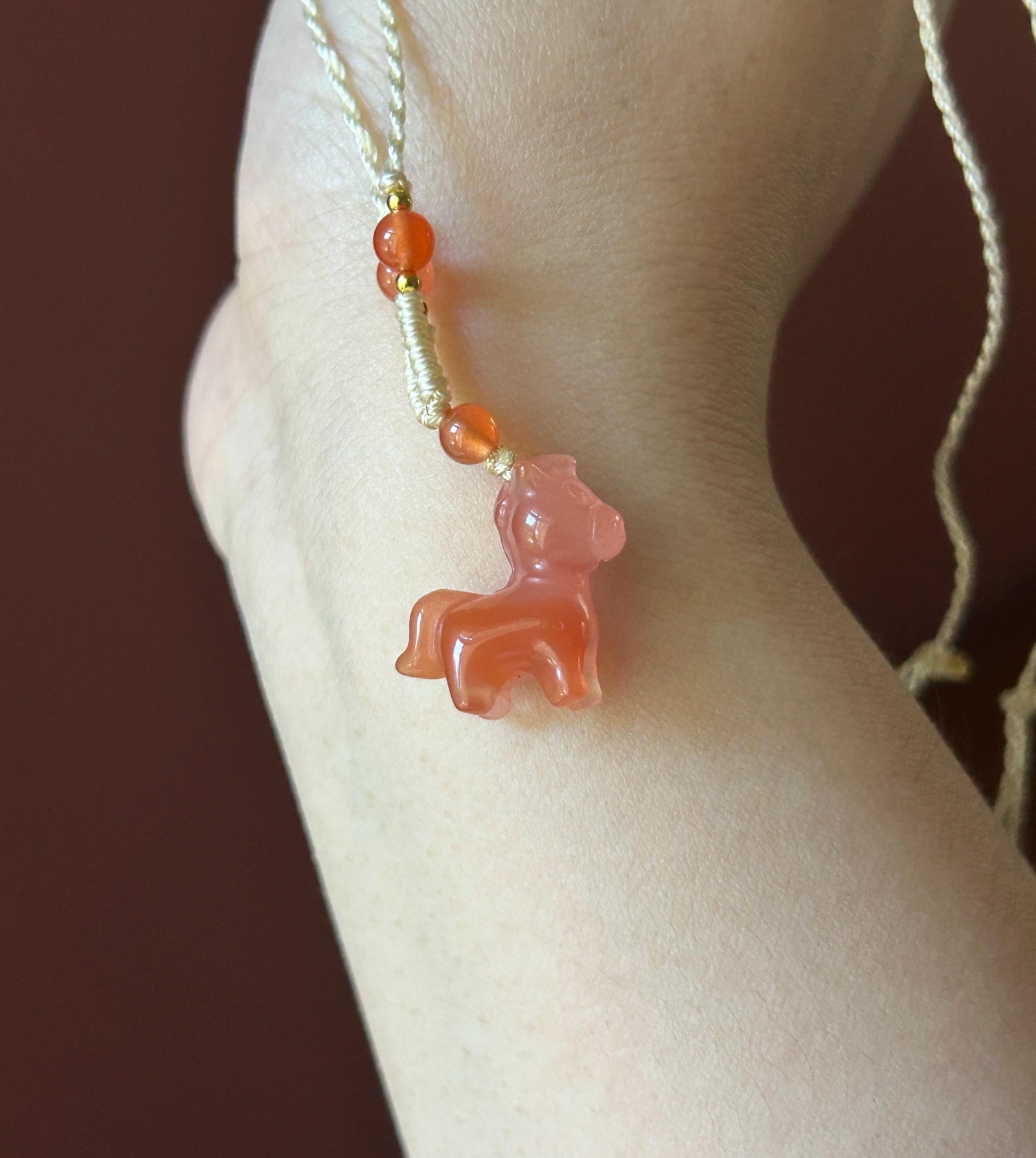 Natural Nanhong Agate Cute Horse Pendant Handwoven Necklace| Protection Amulet | South Red Floral Agate | Lucky Jade Charm