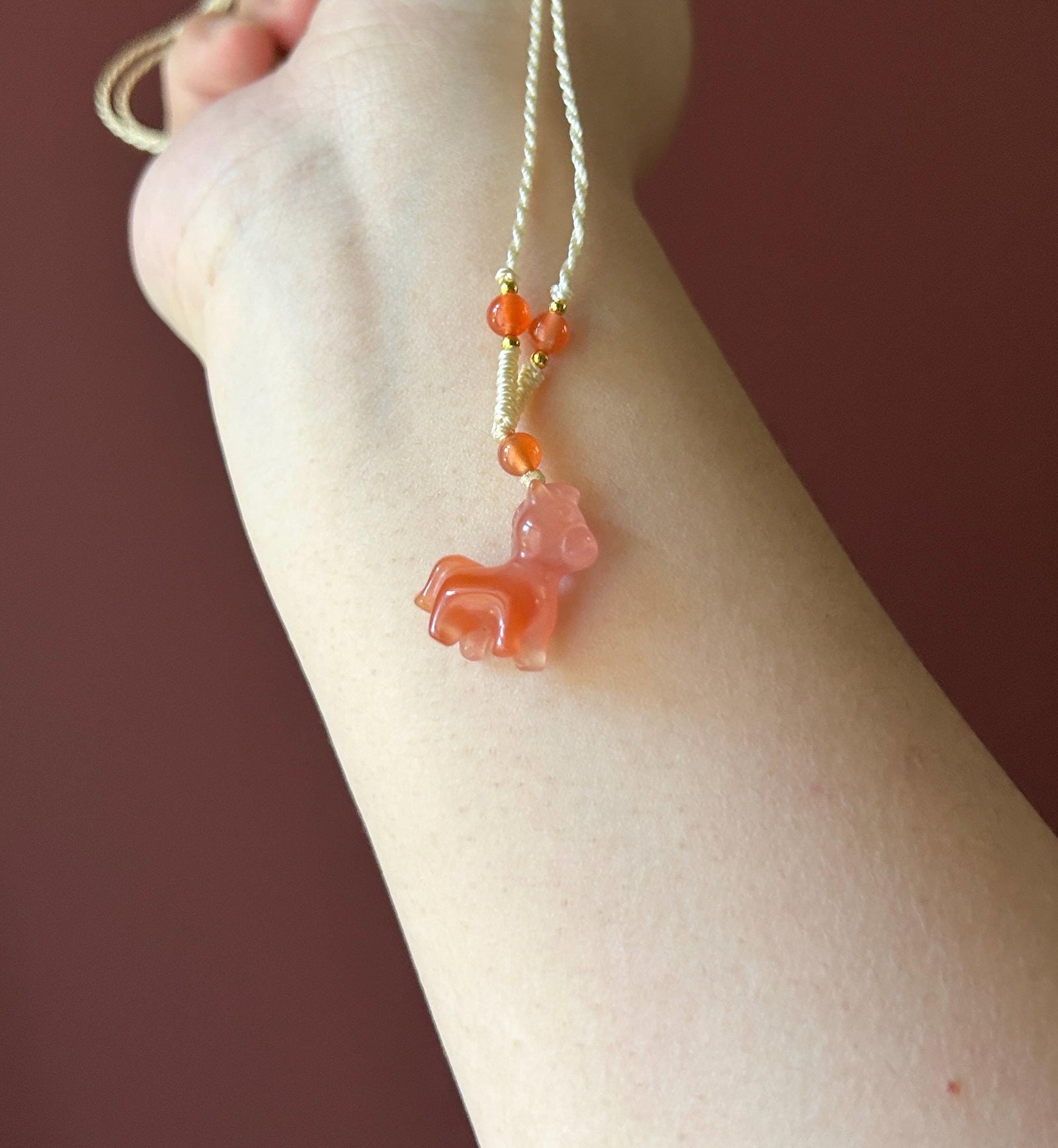 Natural Nanhong Agate Cute Horse Pendant Handwoven Necklace| Protection Amulet | South Red Floral Agate | Lucky Jade Charm