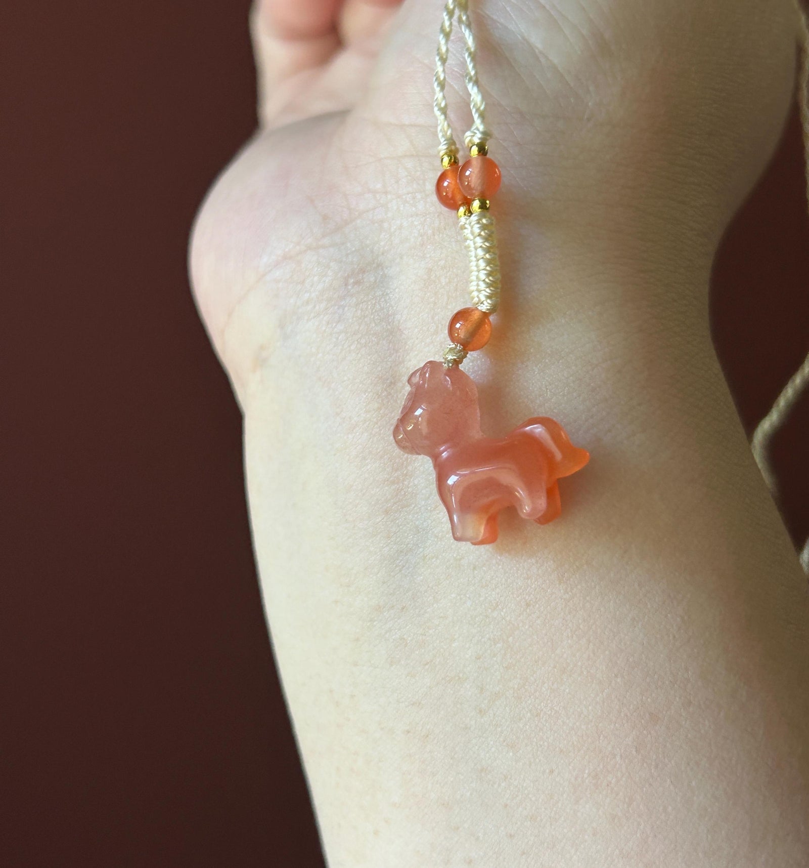 Natural Nanhong Agate Cute Horse Pendant Handwoven Necklace| Protection Amulet | South Red Floral Agate | Lucky Jade Charm