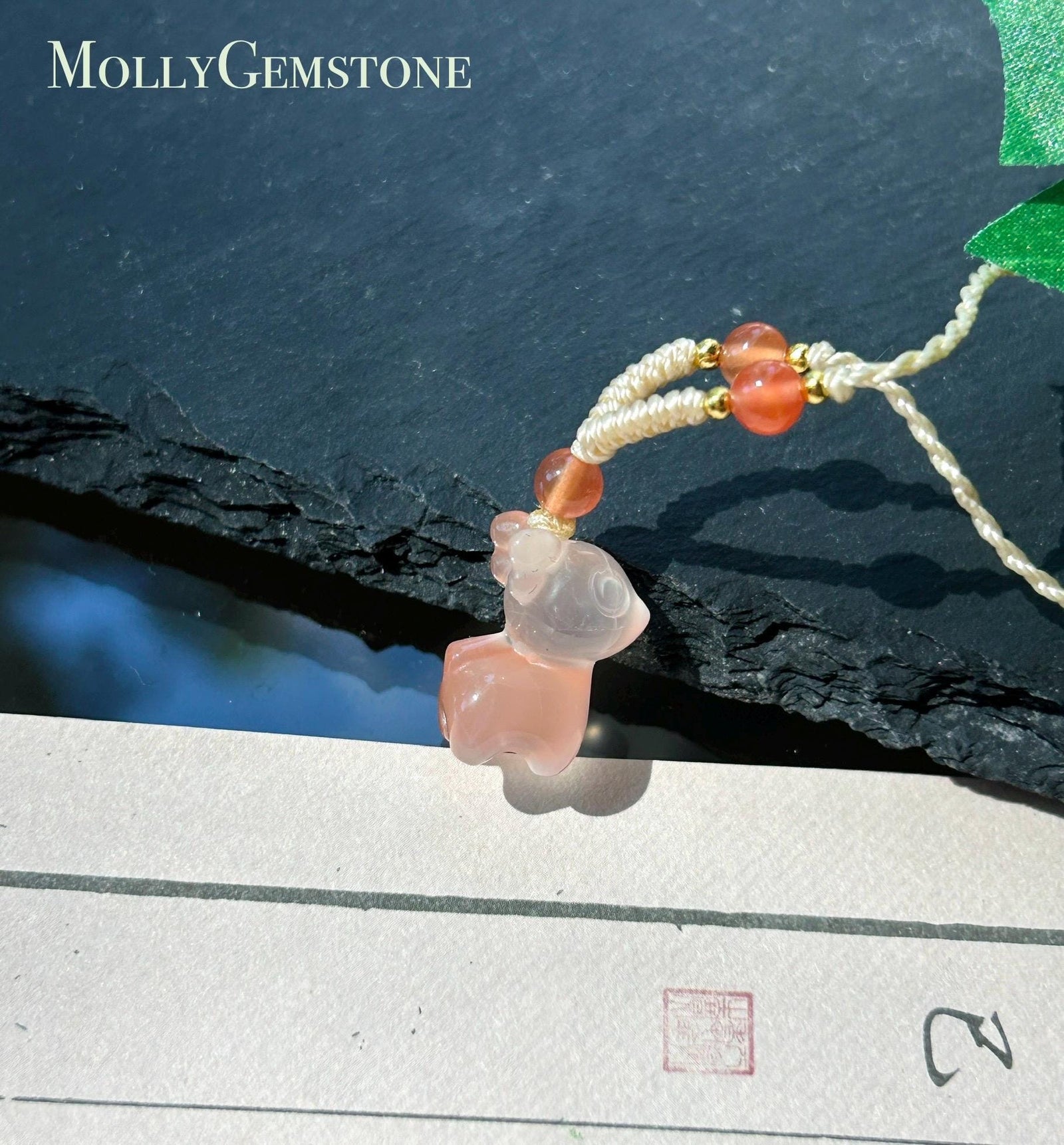 Natural Nanhong Agate Cute Deer Pendant Handwoven Necklace| Protection Amulet | South Red Floral Agate | Lucky Jade Charm