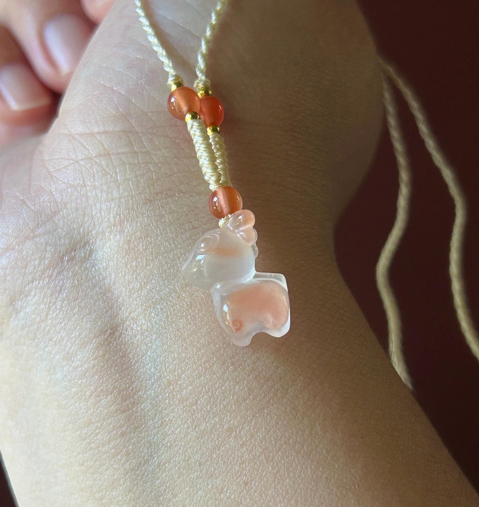 Natural Nanhong Agate Cute Deer Pendant Handwoven Necklace| Protection Amulet | South Red Floral Agate | Lucky Jade Charm