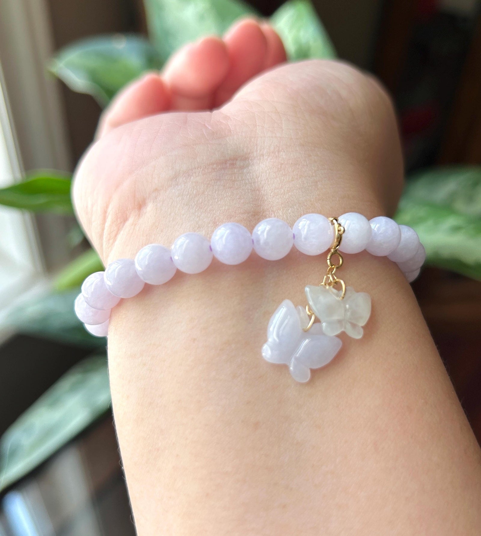 Natural Jadeite Beaded Bracelet Burmese Type A Fine Glutinous Icy Pinkish Lavender Jade 7mm Minimalist Jewelry Butterfly Charm