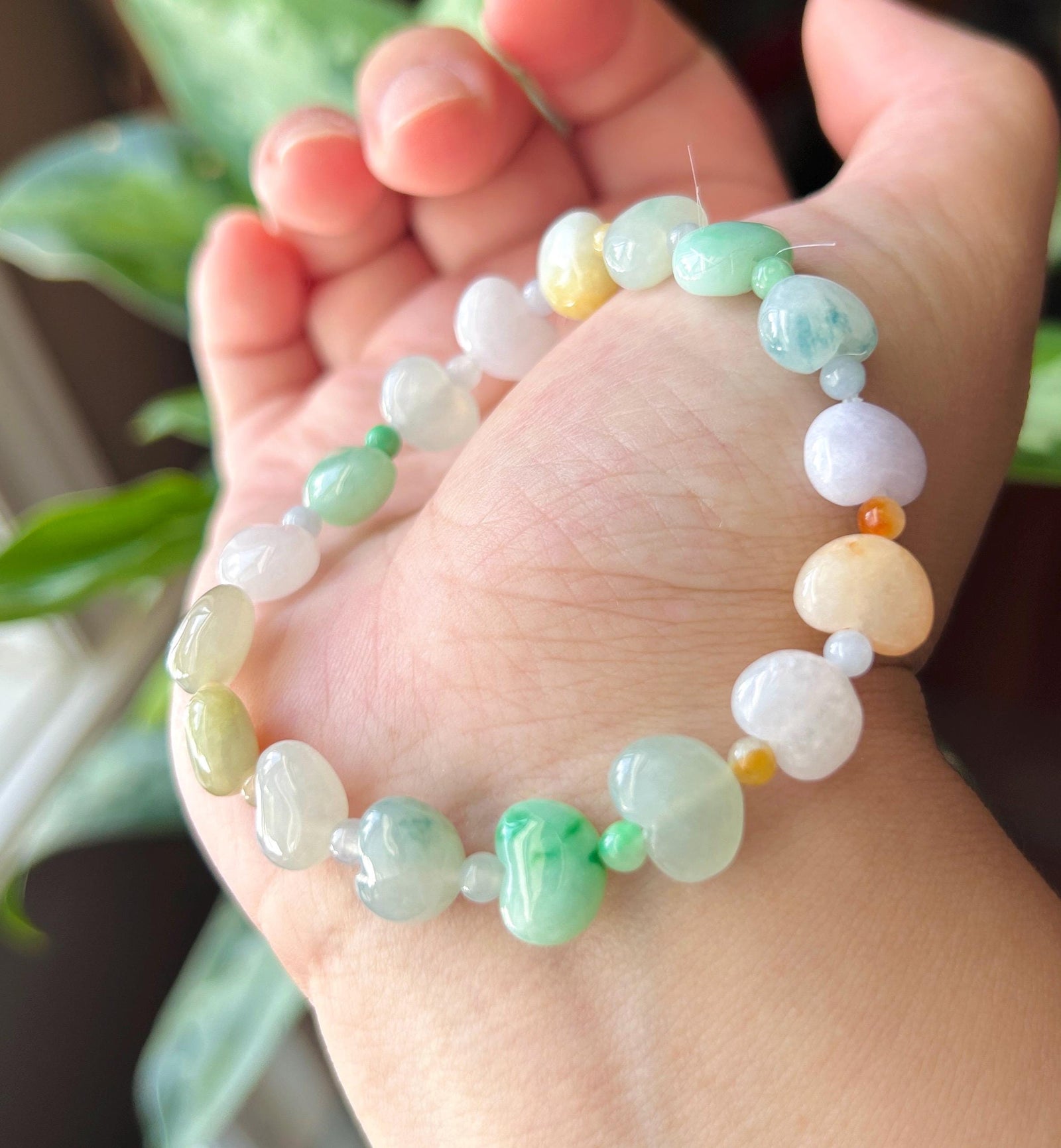 Natural Jadeite Beaded Bracelet Burmese Type A Icy Translucent Multicolor Heart Shaped Jade Beads 11mm