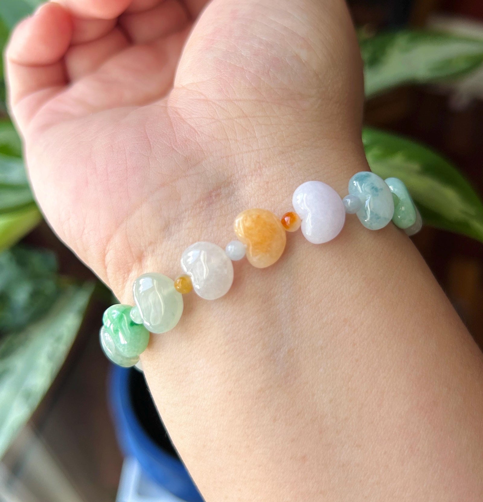 Natural Jadeite Beaded Bracelet Burmese Type A Icy Translucent Multicolor Heart Shaped Jade Beads 11mm