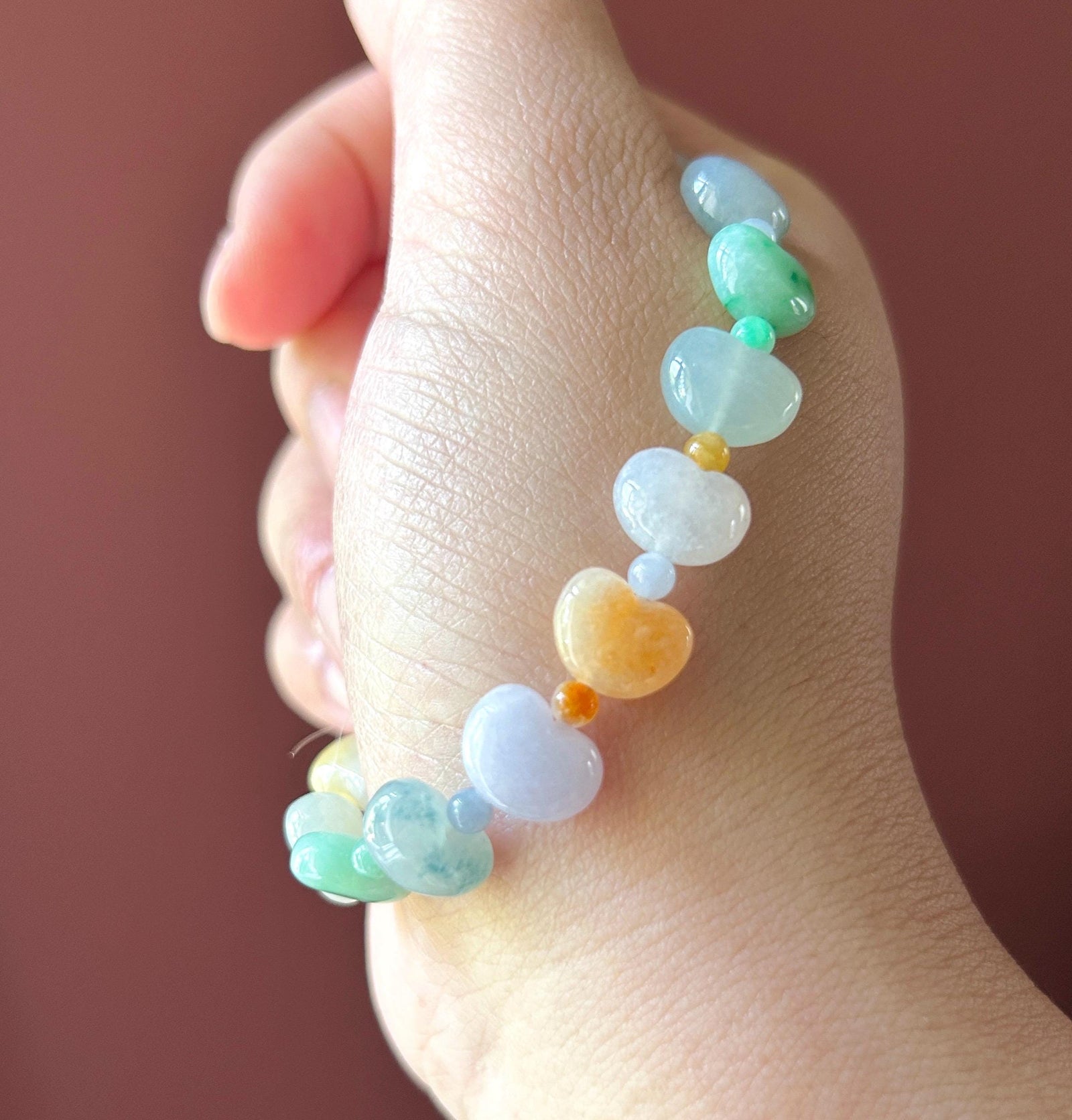 Natural Jadeite Beaded Bracelet Burmese Type A Icy Translucent Multicolor Heart Shaped Jade Beads 11mm