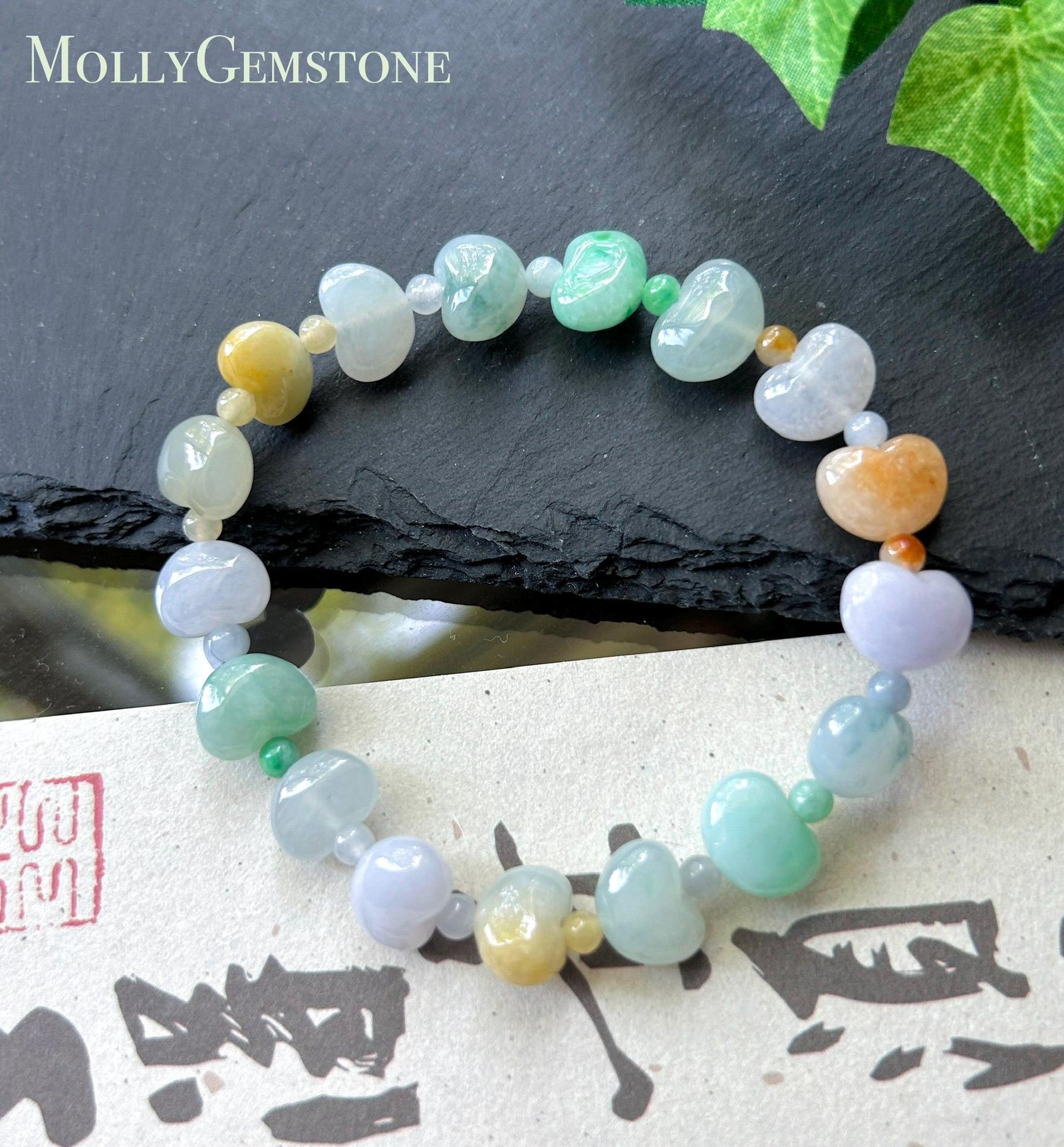 Natural Jadeite Beaded Bracelet Burmese Type A Icy Translucent Multicolor Heart Shaped Jade Beads 11mm