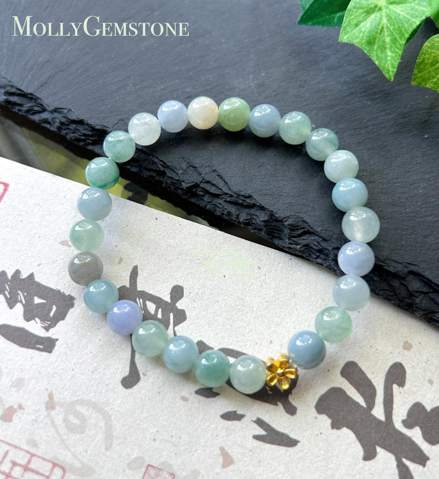 Natural Jadeite Beaded Bracelet Burmese Type A Icy Translucent Macaron Multicolor Jade 7.5mm Minimalist Jewelry