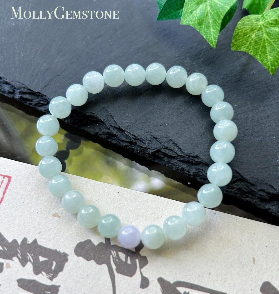 Natural Jadeite Beaded Bracelet Burmese Type A Fine Glutinous Icy Pale Apple Green Jade 7.5mm Minimalist Jewelry