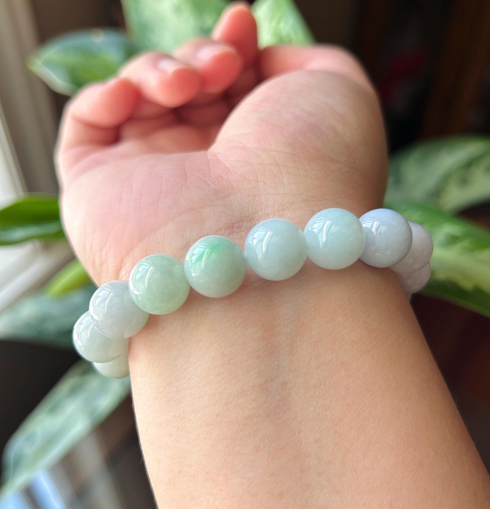 Natural Jadeite Beaded Bracelet Burmese Type A Untreated Icy Translucent Pastel Lavender & Green Gradient Jade 11.3mm BIG Beads