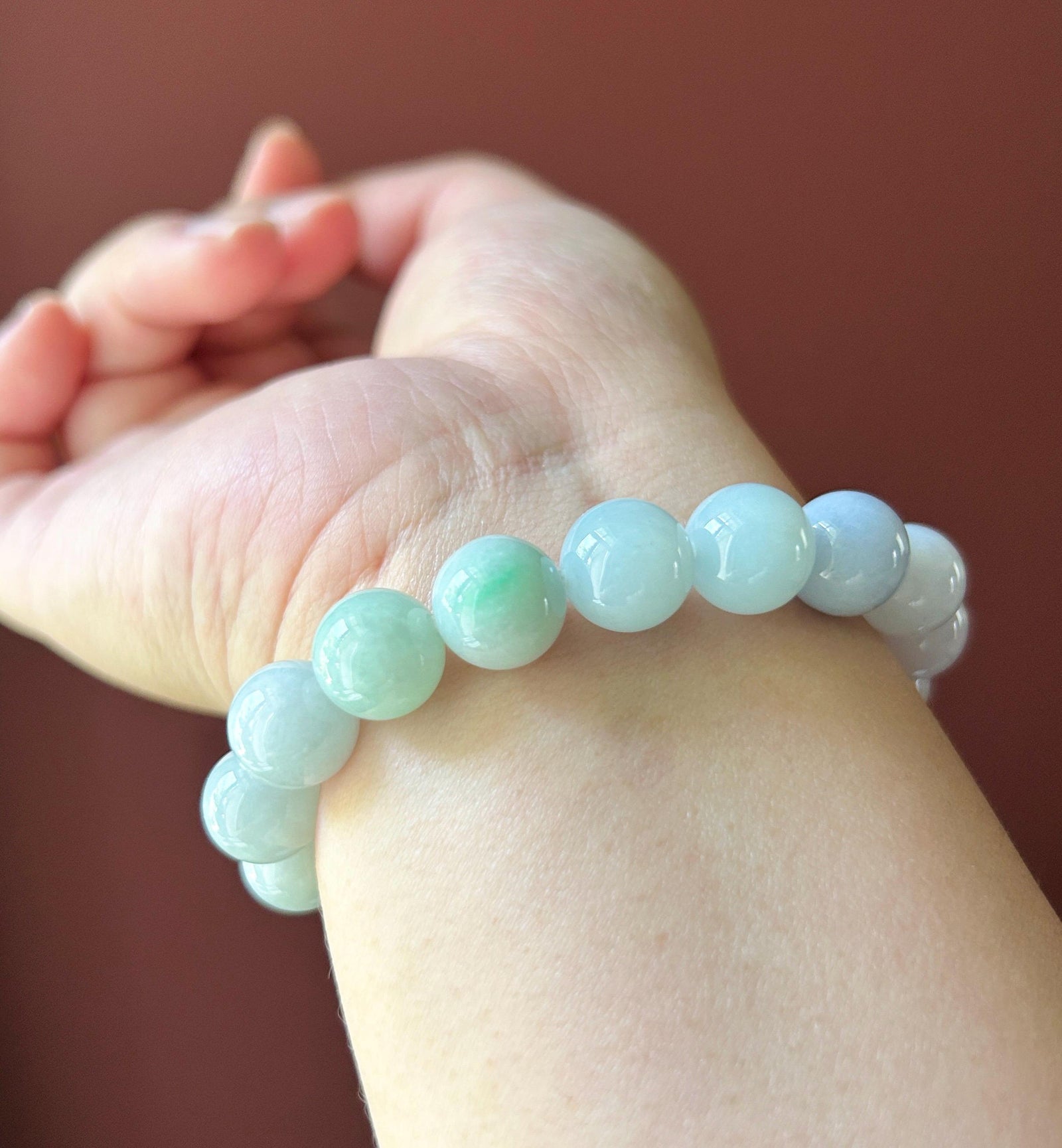 Natural Jadeite Beaded Bracelet Burmese Type A Untreated Icy Translucent Pastel Lavender & Green Gradient Jade 11.3mm BIG Beads