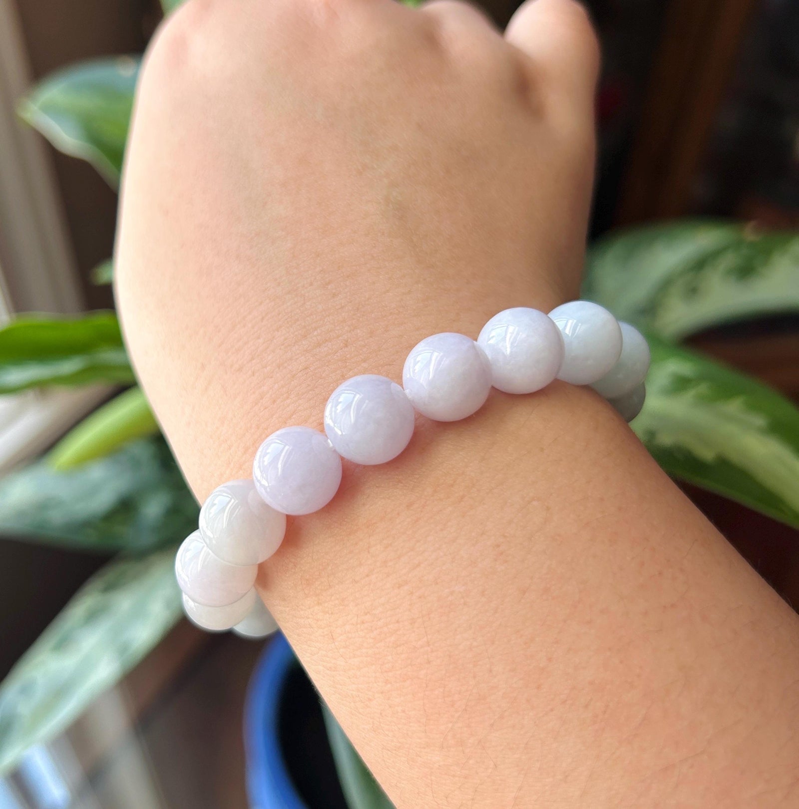 Natural Jadeite Beaded Bracelet Burmese Type A Untreated Icy Translucent Pastel Lavender & Green Gradient Jade 11.3mm BIG Beads
